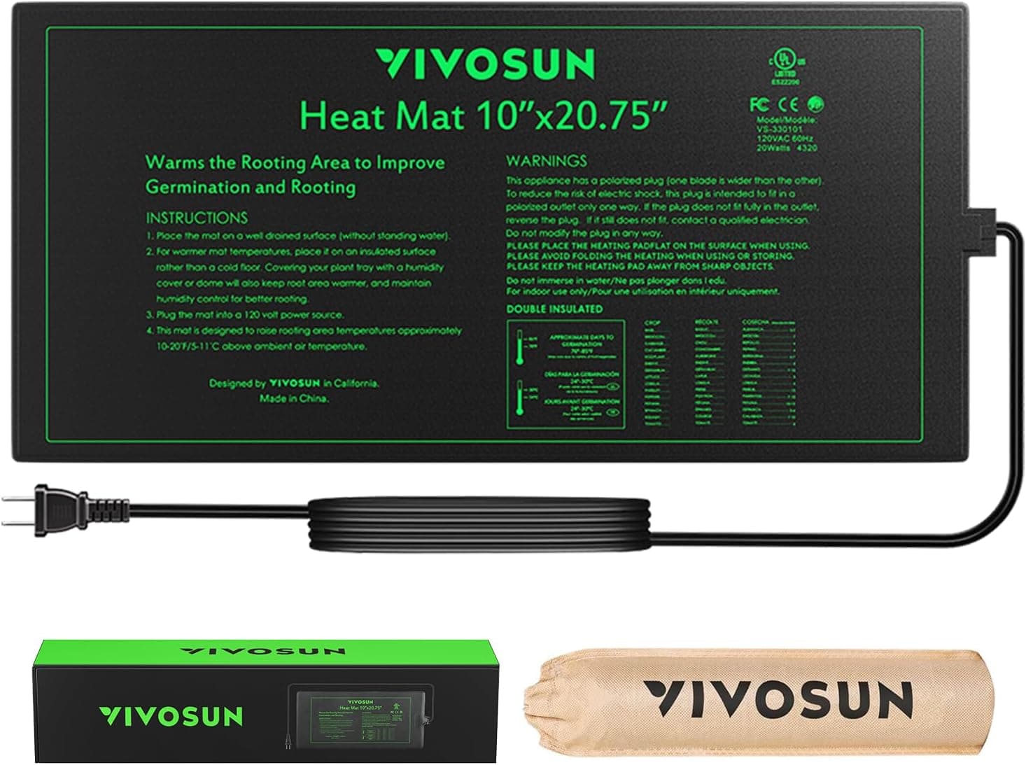 VIVOSUN Durable Waterproof Seedling Heat Mat 10" x 20.75" UL & MET-Certified Warm Hydroponic Heating Pad for Germination, Indoor Gardening