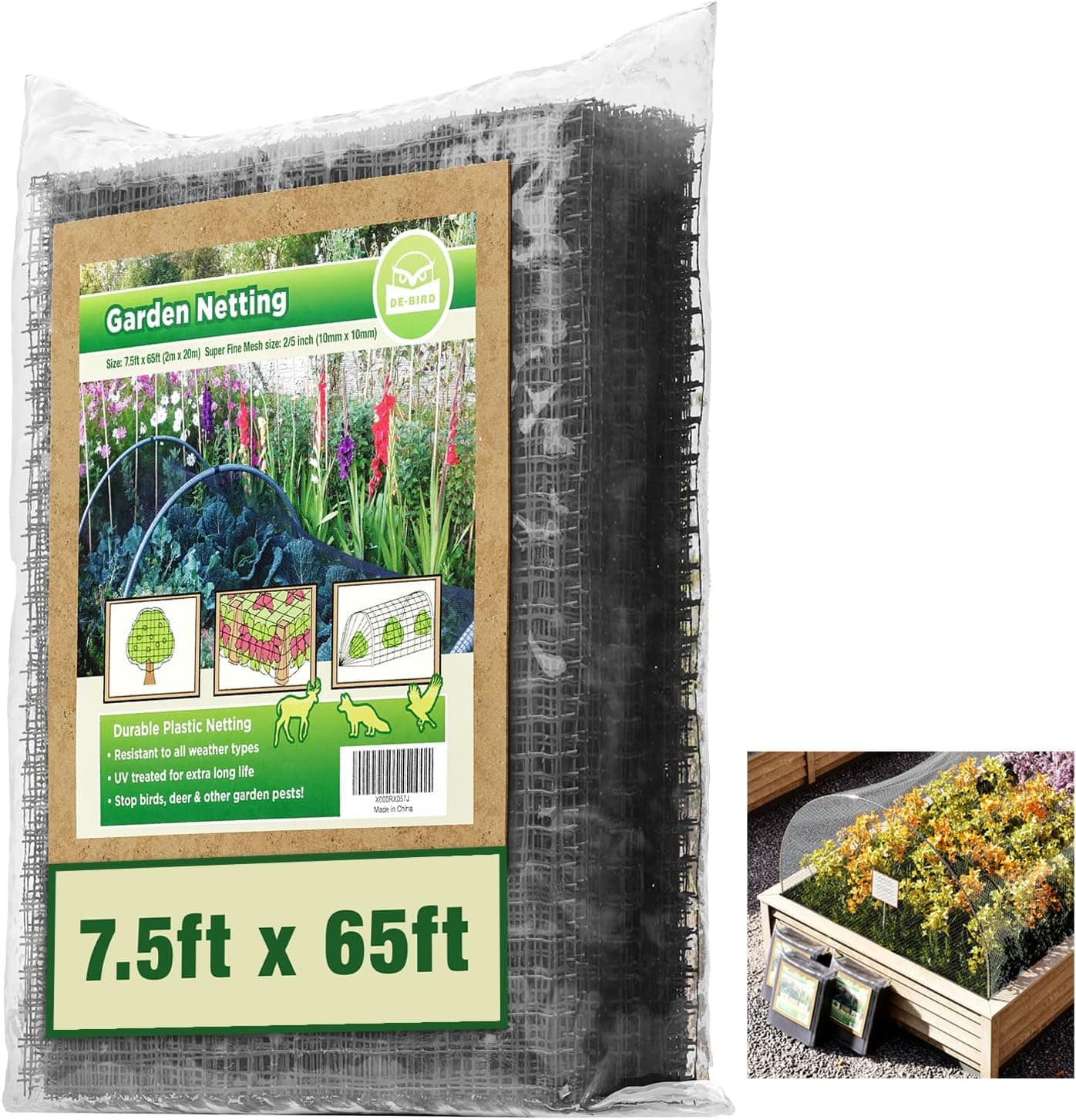 De-Bird Bird Netting for Garden 7.5 ft x 65 ft Green Plastic Mesh