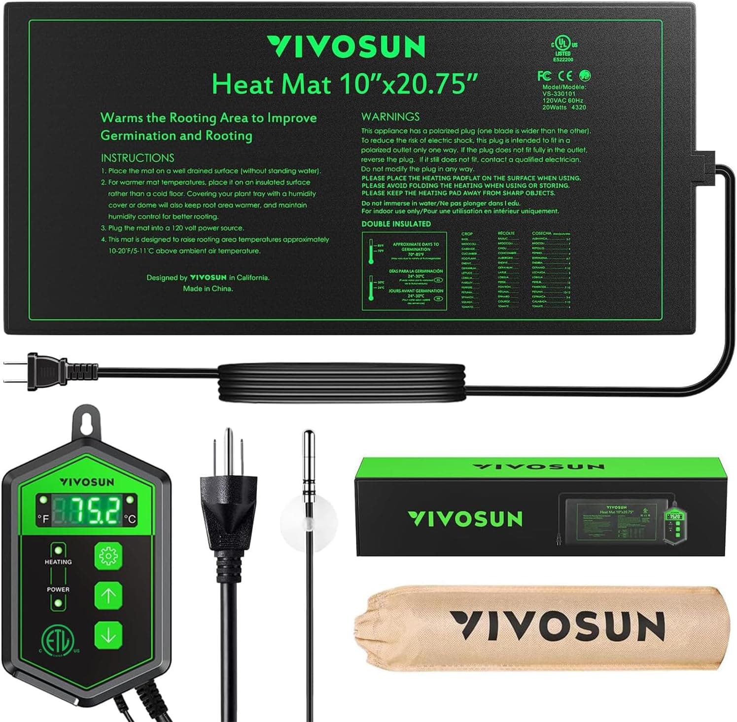 VIVOSUN 10"x 20.75" Seedling Heat Mat and Digital Thermostat Combo Set, UL & MET-Certified Warm Hydroponic Heating Pad for Germination