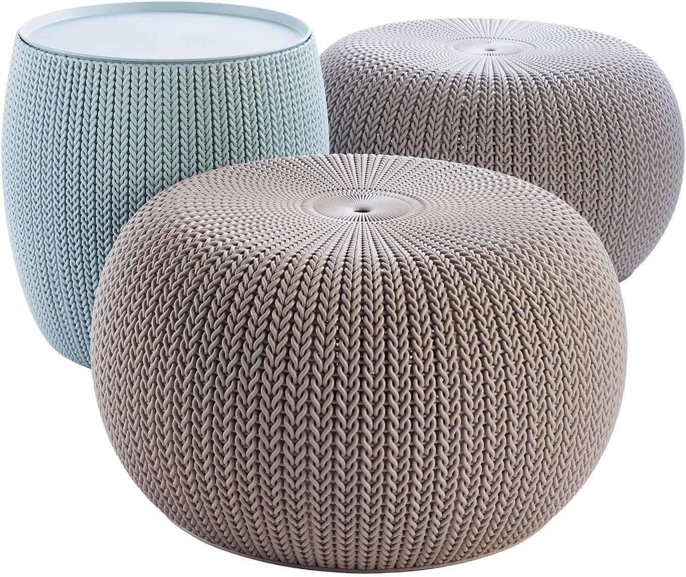 Keter Urban Knit Pouf Ottoman Set of 2 with Storage Table for Patio and Room Decor, Balcony Deck Outdoor Seating, Misty Blue & Taupe