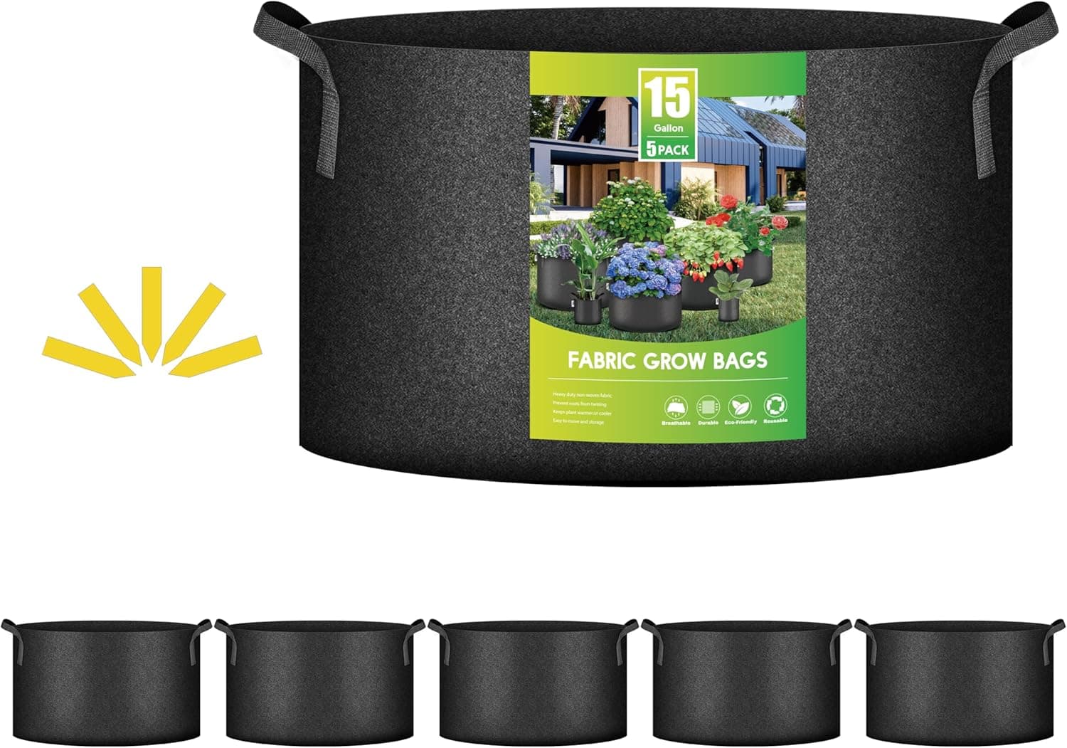 iPower 5-Pack 10 Gallon Plant Grow Bags Thickened Nonwoven Aeration Fabric Pots Heavy Duty, Black