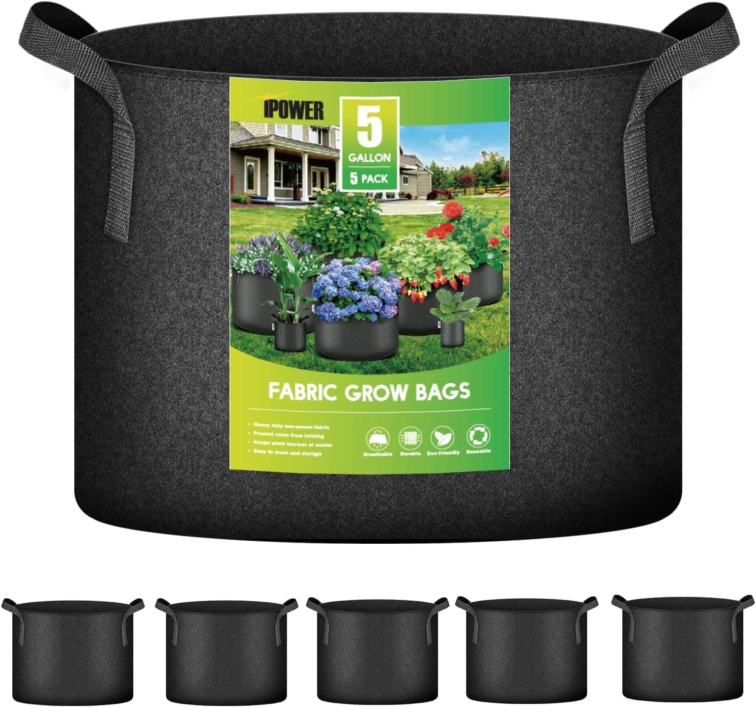 iPower 5 Gallon 5 Pack Grow Bags Nonwoven Fabric Pots Aeration Container with Strap Handles, Black