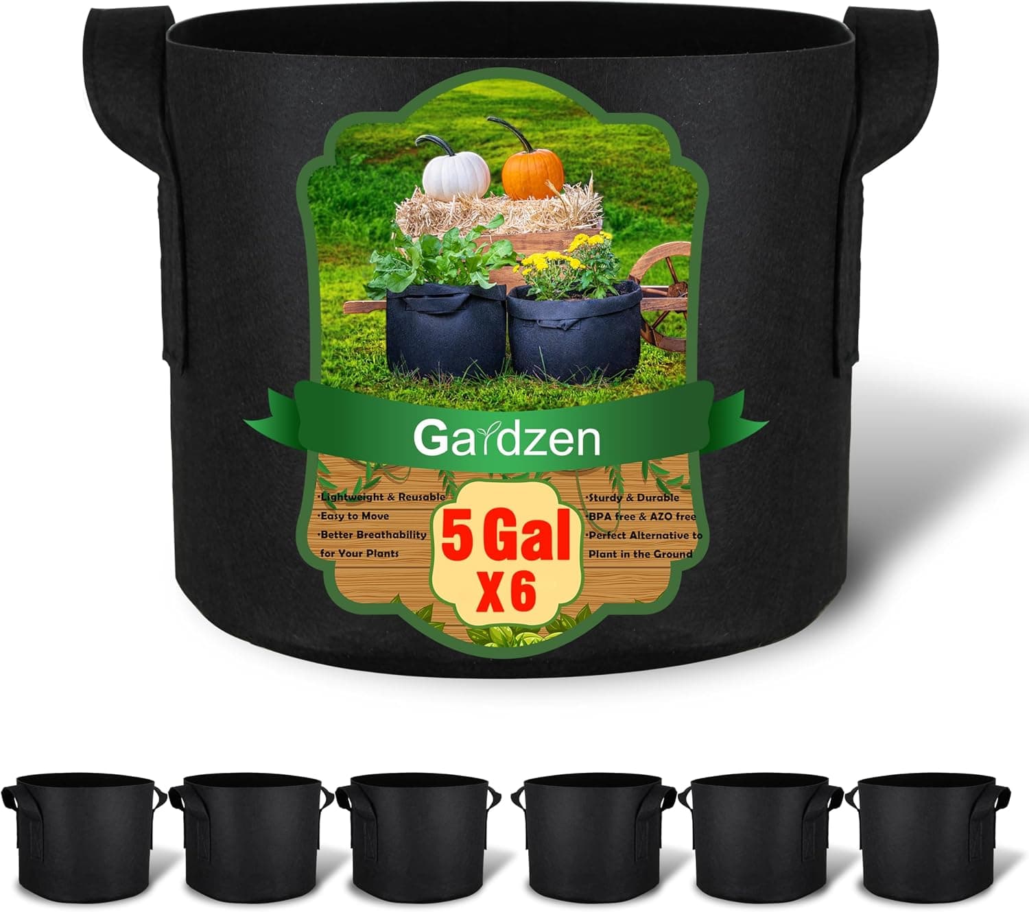 Gardzen 6-Pack 5 Gallon Grow Bags, 300G Thickened Nonwoven Fabric Pots with Handles, Heavy Duty Aeration