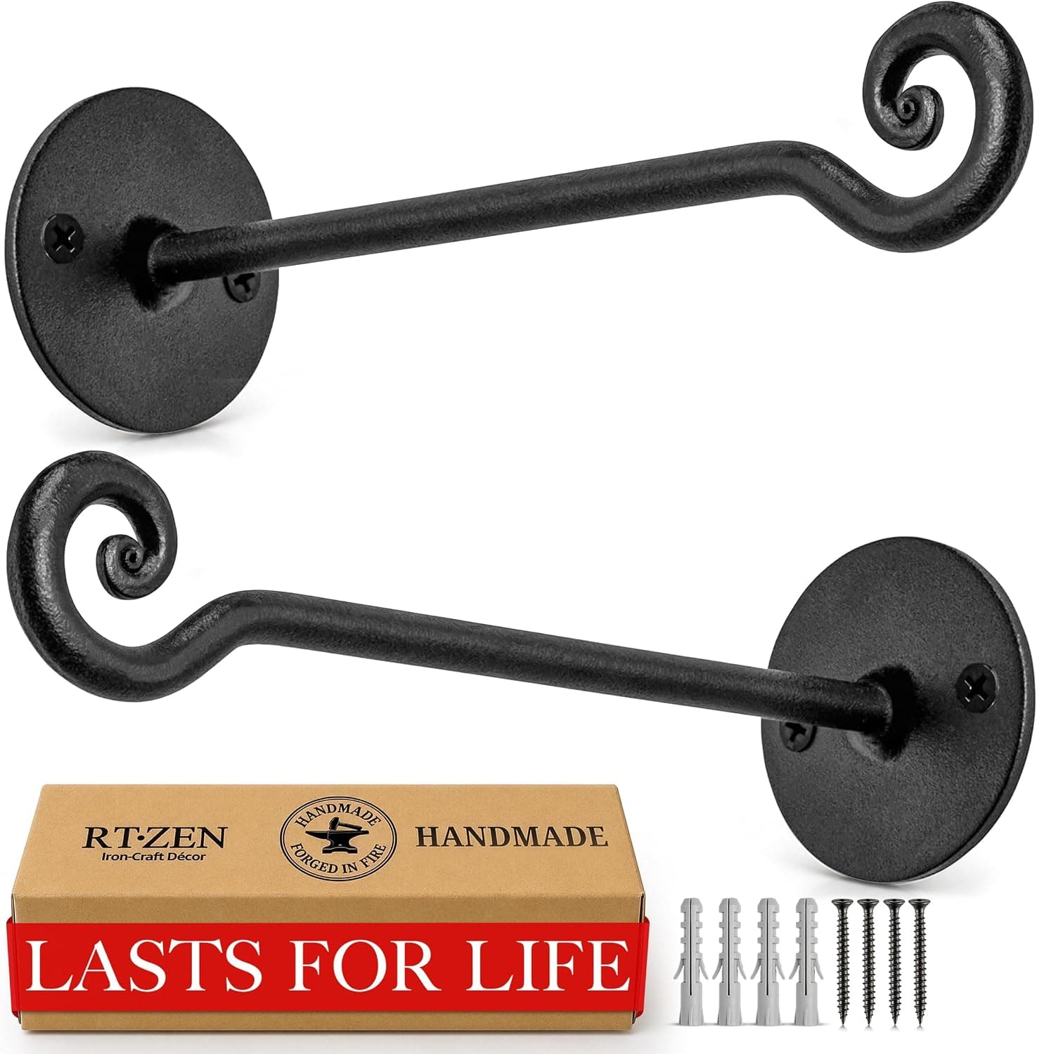 RTZEN Plant Hangers Outdoor or Indoor Wrought Iron Metal Heavy Duty Wall Bracket Hooks for Hanging Plants Baskets, 2 Pack Black Swirl Hooks