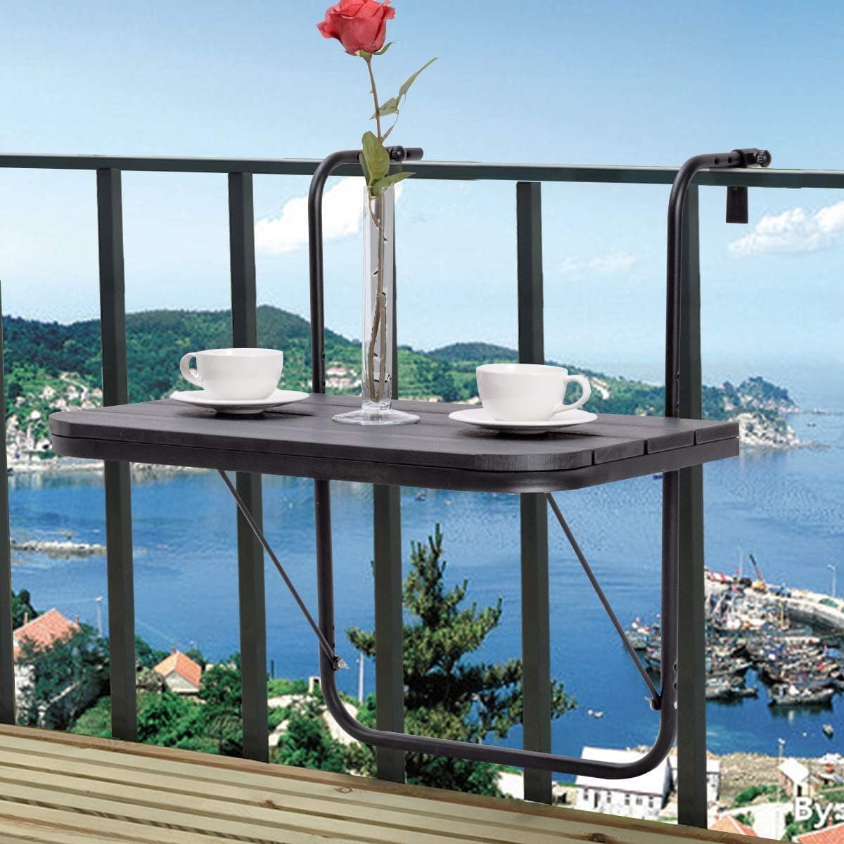 Tangkula Folding Railing Table, 3-Level Adjustable (Black)