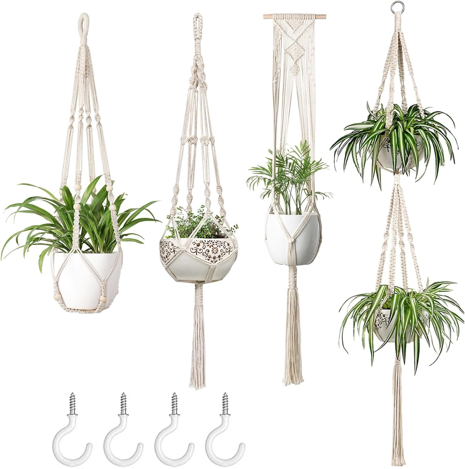 Mkono Macrame Plant Hangers Set of 4 Indoor Hanging Planter Basket Wall Flower Pot Holder with 4 Hooks, Ivory