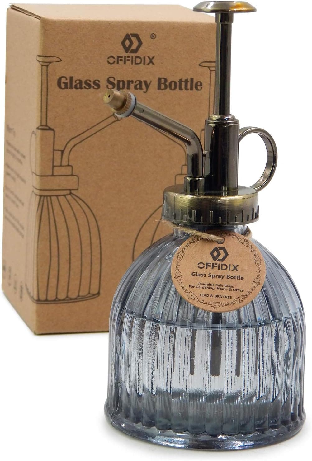 OFFIDIX Plant Mister Plant Water Spray Bottle, 6.3" Tall Vintage Style with Bronze Plastic Top Pump One Hand Glass Watering Can (Dark Gray)