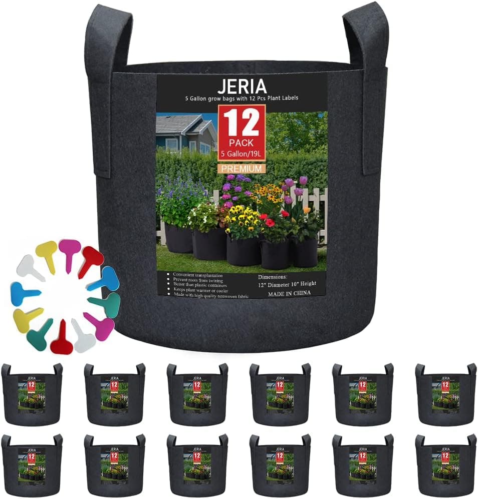JERIA 12-Pack 5 Gallon Grow Bags, 300G Thickened Nonwoven Garden Pots, Heavy Duty Fabric Pots with Reinforced 