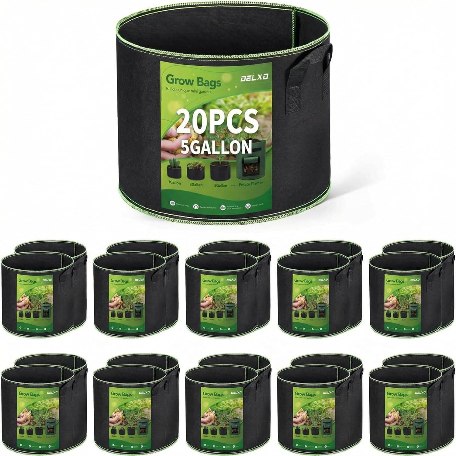 Delxo 20 Pack 5 Gallon Grow Bags Heavy Duty Aeration Fabric Pots Thickened Nonwoven with Handles