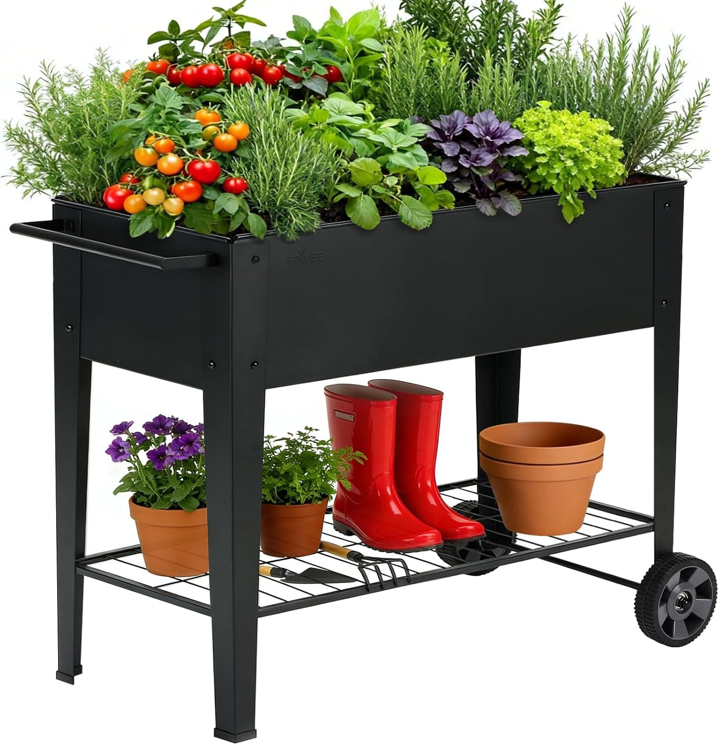 FOYUEE 31.5" Tall Raised Garden Bed with Wheels, 400lb Metal Planter with Storage Shelf