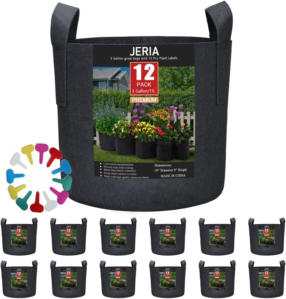 JERIA 12-Pack 3 Gallon Vegetable/Flower/Plant Grow Bags, Aeration Fabric Pots with Handles (Black)