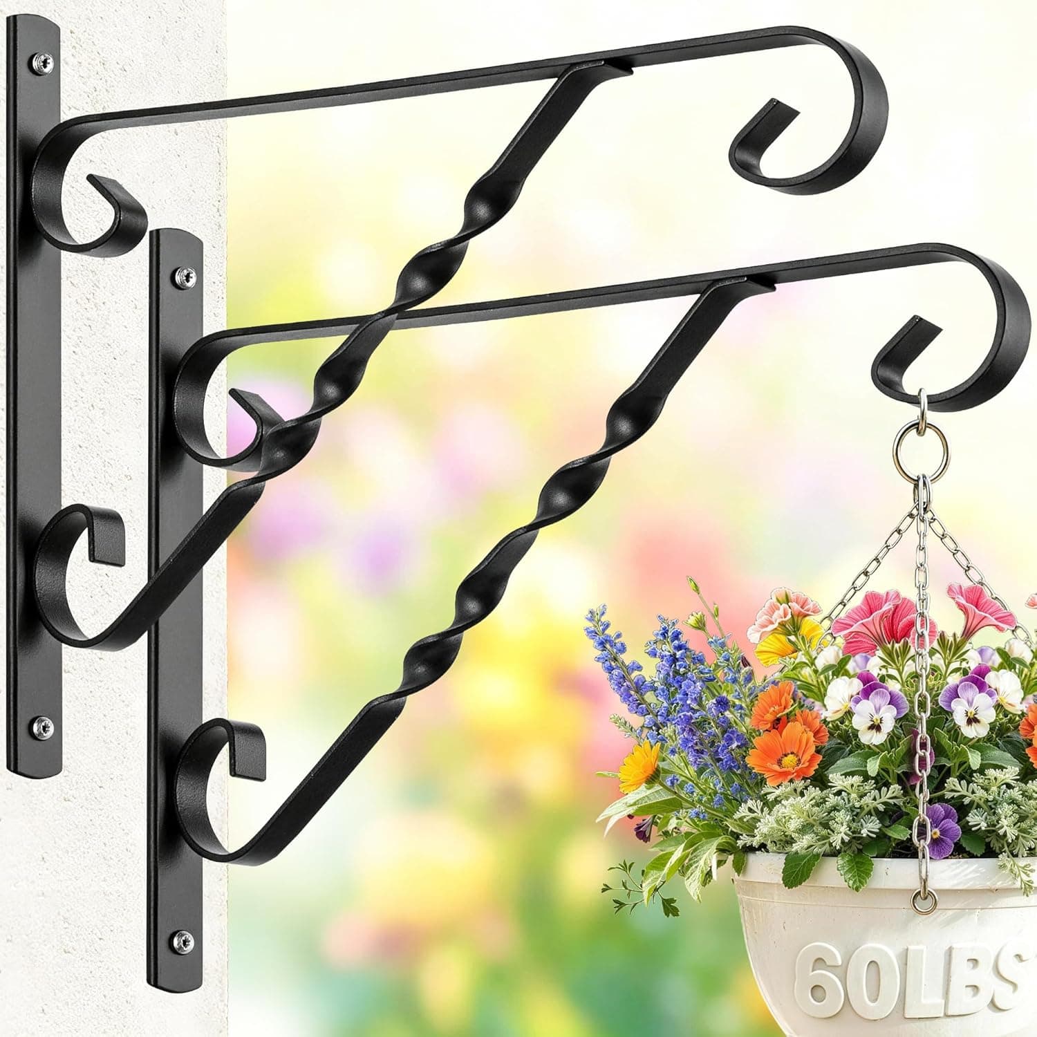 AMAGABELI GARDEN & HOME 2 Pack Hanging Plant Brackets Outdoor 12" Metal Fence Wall Plant Hanger Hooks, Rust-Resistant Black