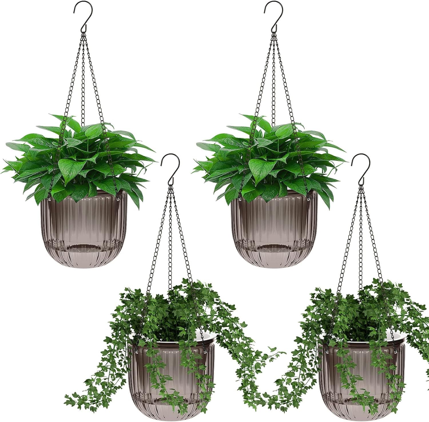 T4U 6 Inch Plastic Self Watering Pots with Macrame Plant Hangers, Set of 4 with Hooks