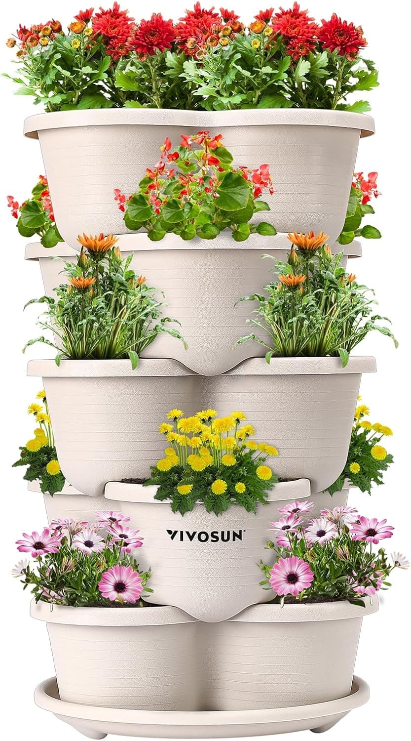 VIVOSUN 5 Tier Vertical Gardening Stackable Planter for Strawberries Herbs Vegetables, Ivory