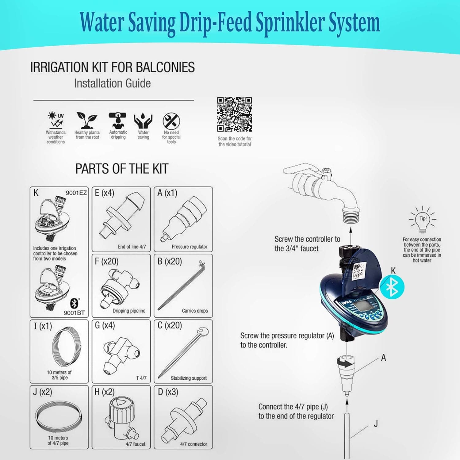Galcon Balcony Kit 9001BT Bluetooth Irrigation for Containers and Hanging Flower Baskets Automatic Plant Watering System