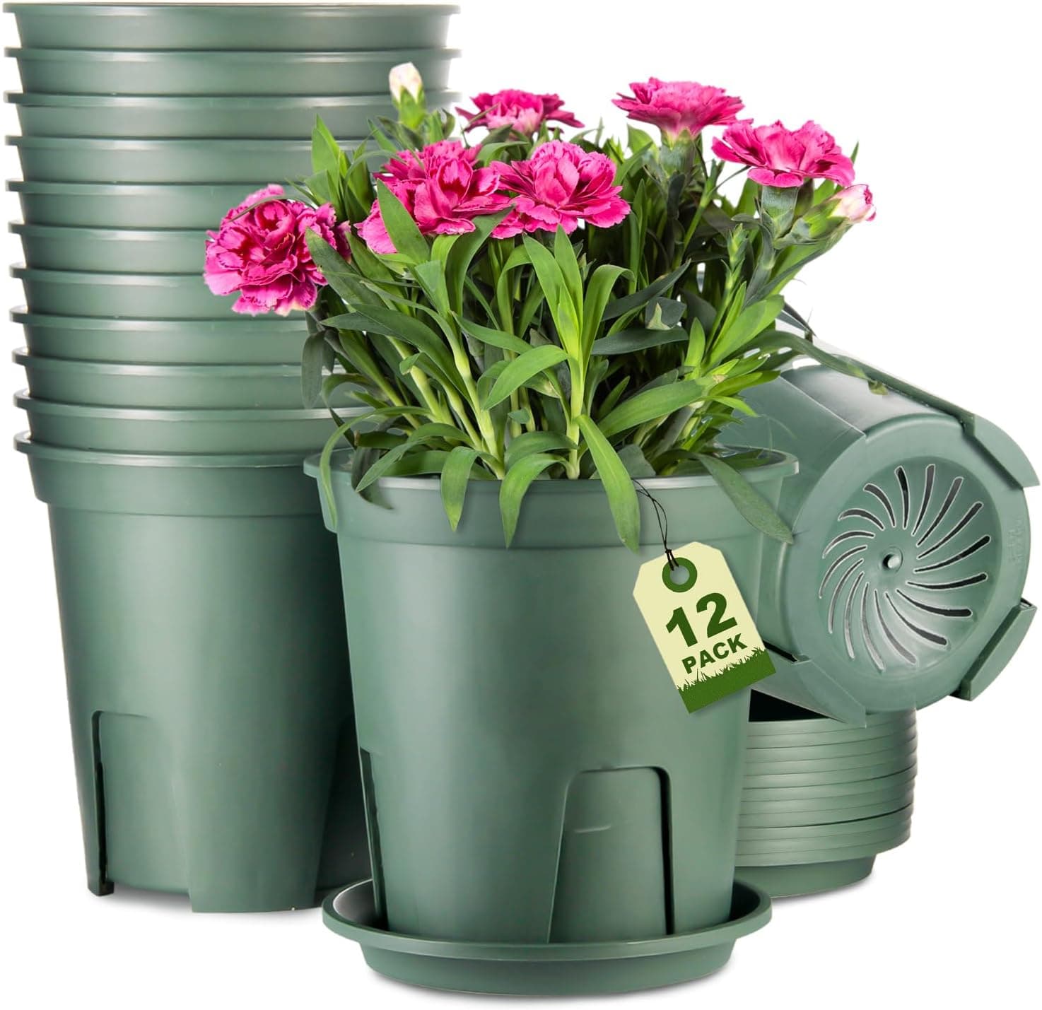 EHWINE 12 Pack 7 Inch Plastic Planters with Drainage Hole and Tray