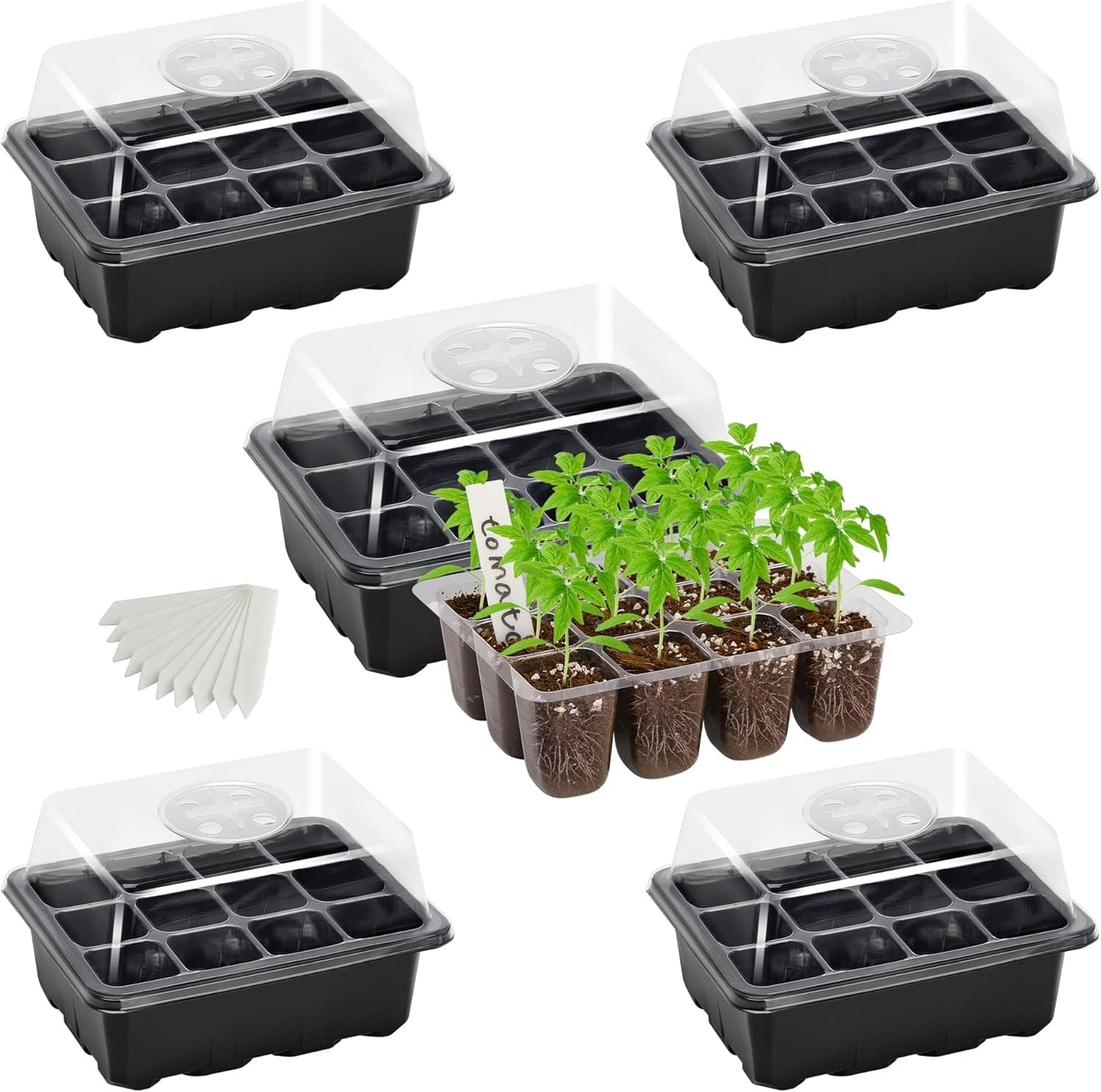 Bonviee 5-Pack Seed Starter Tray Seedling Kits with Humidity Dome (12 Cells/Tray)
