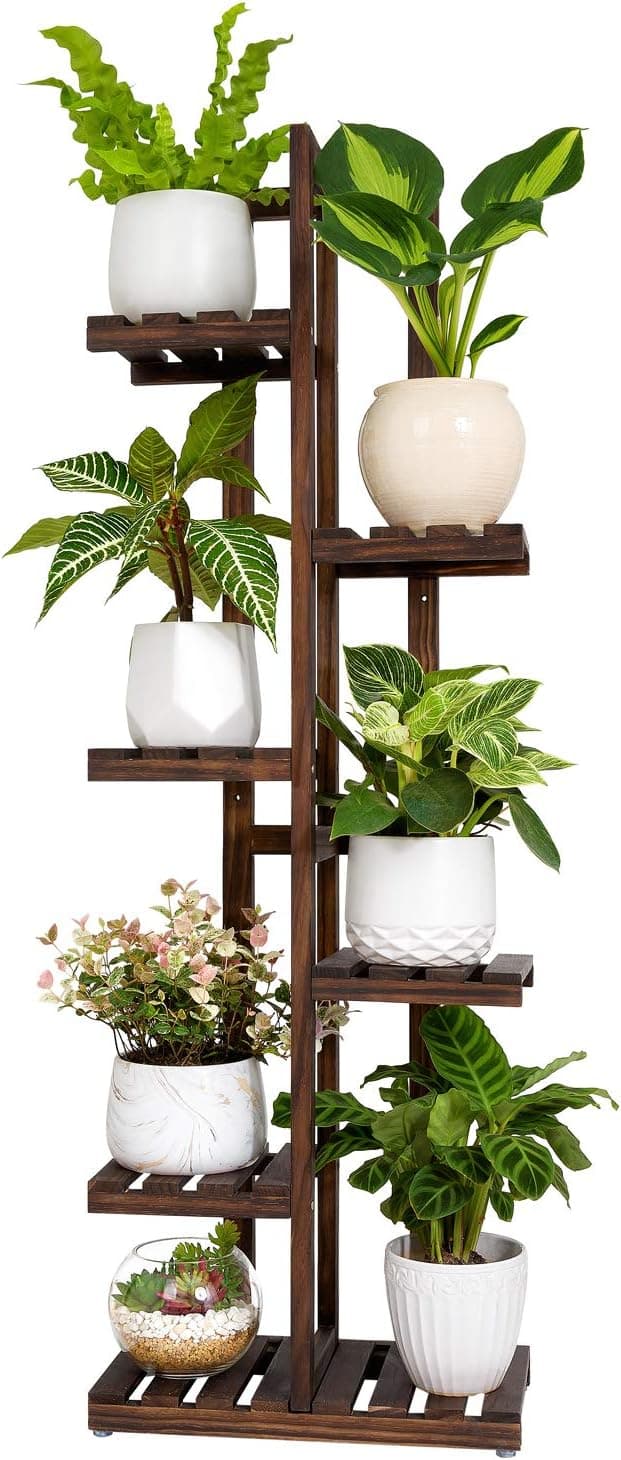 Mkono 6-Tier Wood Plant Stand, 7 Pots, Ladder, Brown