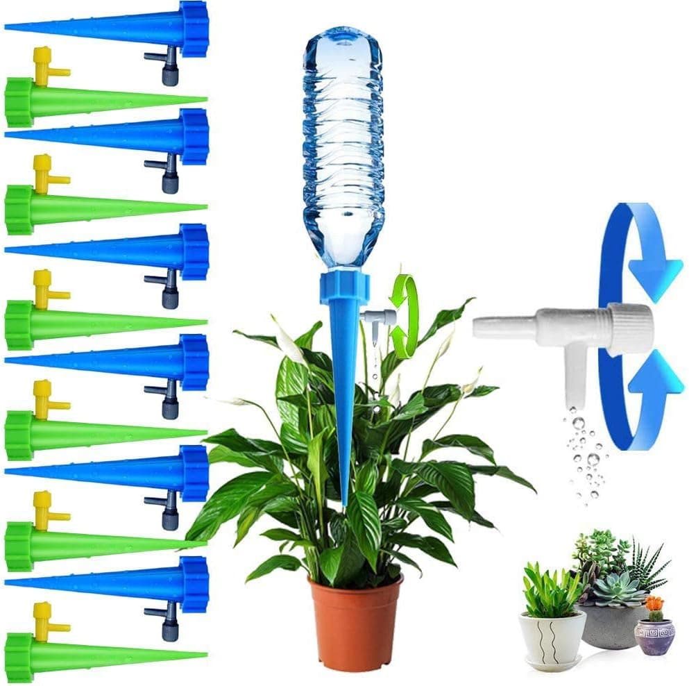 Self Watering Spikes 12 Pack Plastic Bottle Drip Irrigation with Adjustable Control Valve