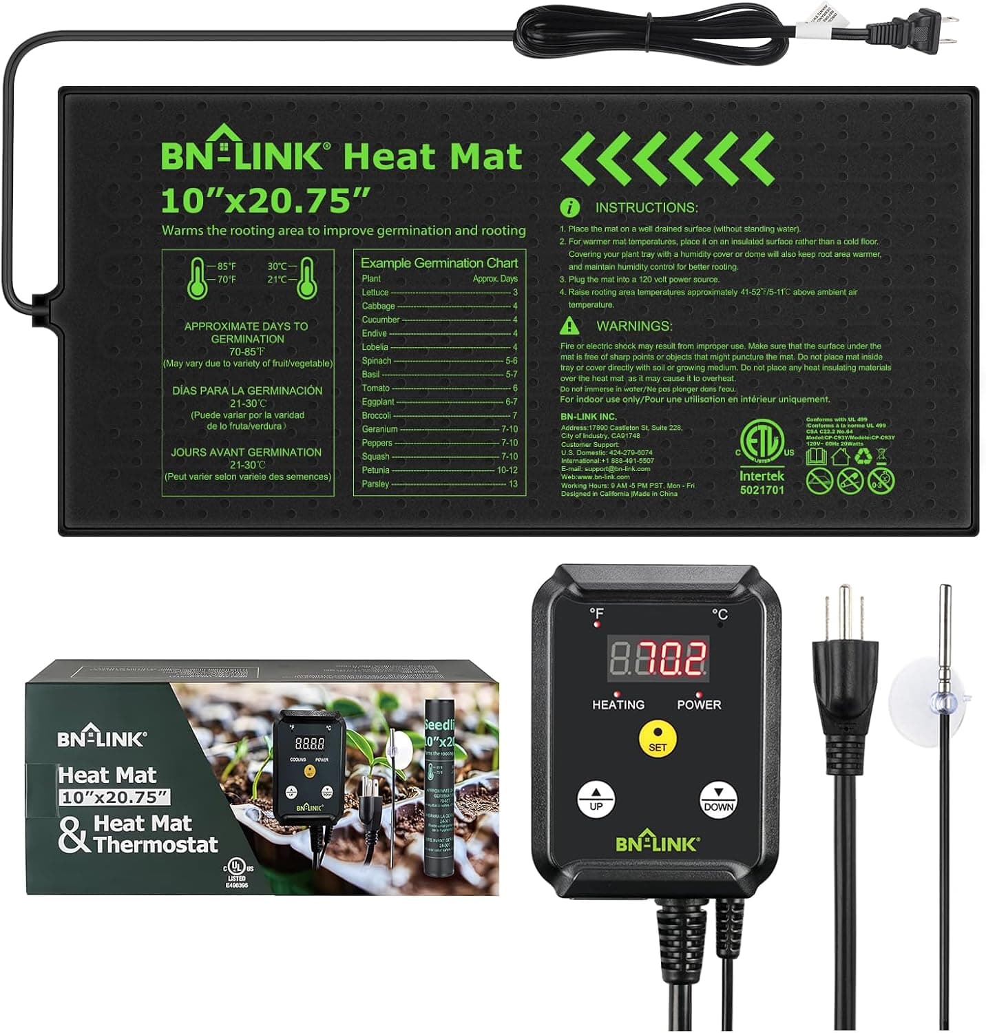 BN-LINK Seedling Heat Mat with Thermostat Controller Combo Set, 10" x 20.75" Plant Heating Mat for Seed Starting with Temperature Control