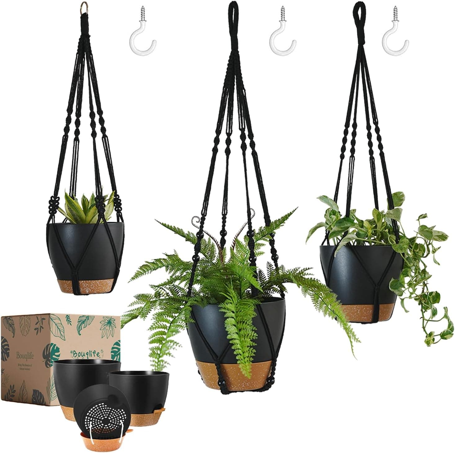 Bouqlife Macrame Plant Hangers with Pots and Saucers, 3 Pack Hanging Planters with Hooks 34"/26"/20"