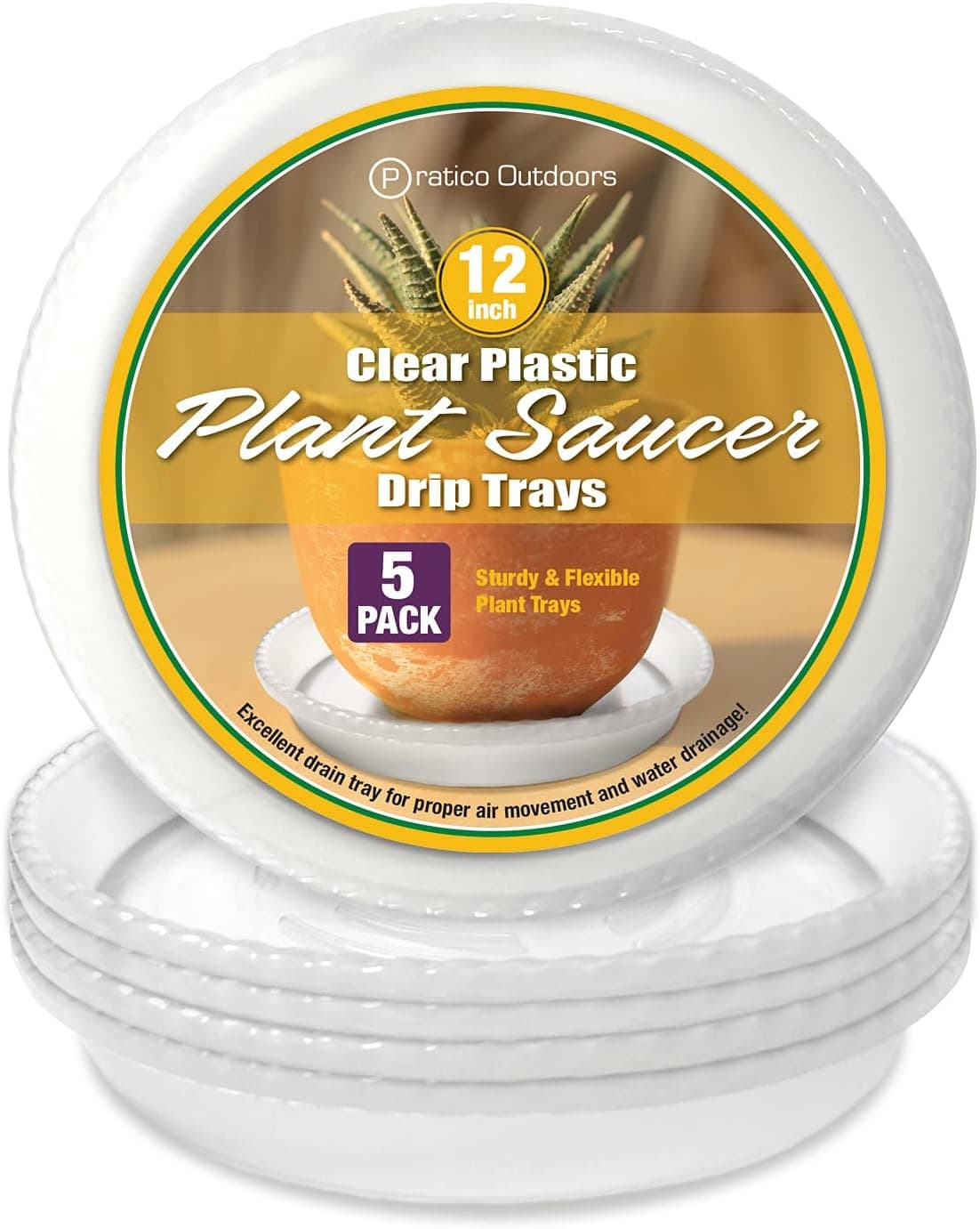 Pratico Outdoors 12 inch Plastic Plant Saucer Drip Trays, Clear, 5 Pack