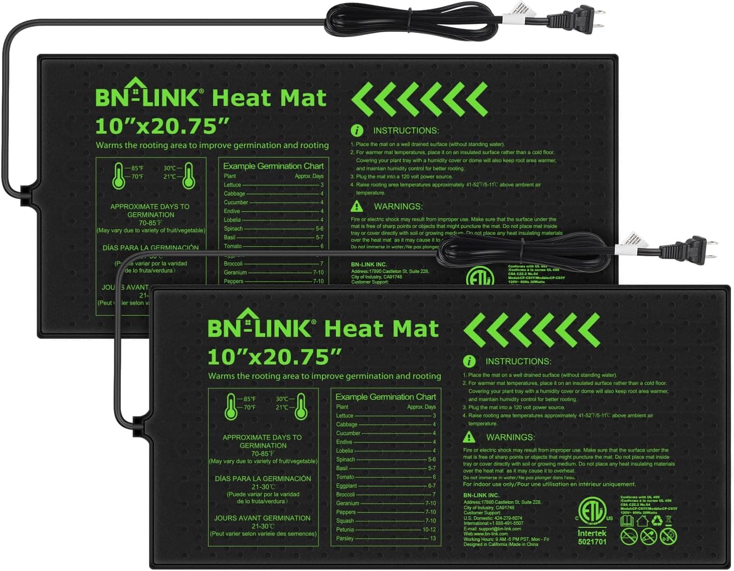 BN-LINK Durable Seedling Heat Mat for Seed Starting 10" x 20.75", 2 Pack Waterproof Warming Mats Plant Heating Pad, ETL Listed