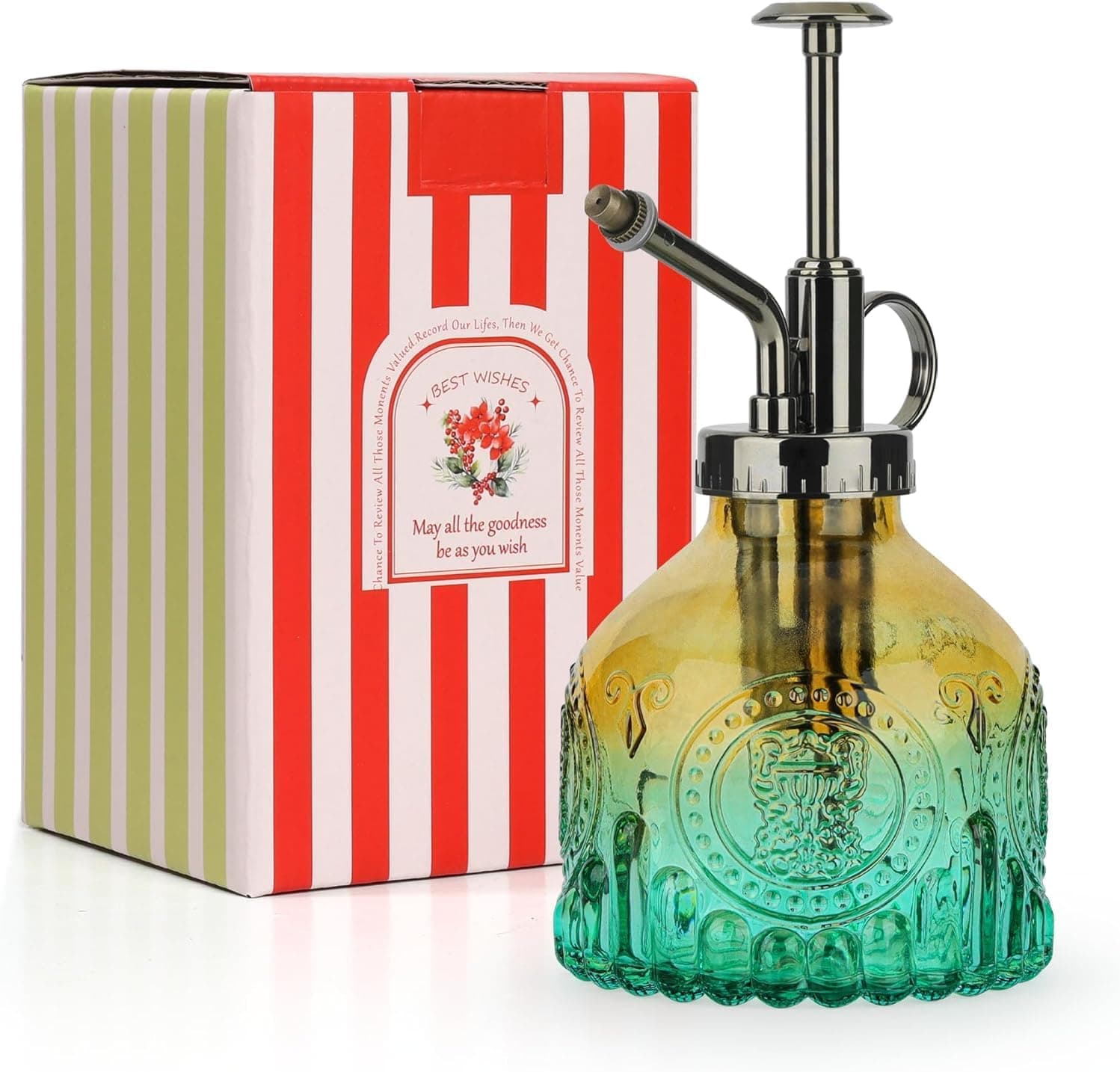 T4U Glass Plant Mister 200ML, Vintage Spray Bottle with Top Pump Fine Mist Garden Flower Sprayer Decorative Spritzer Watering Can (Clear)