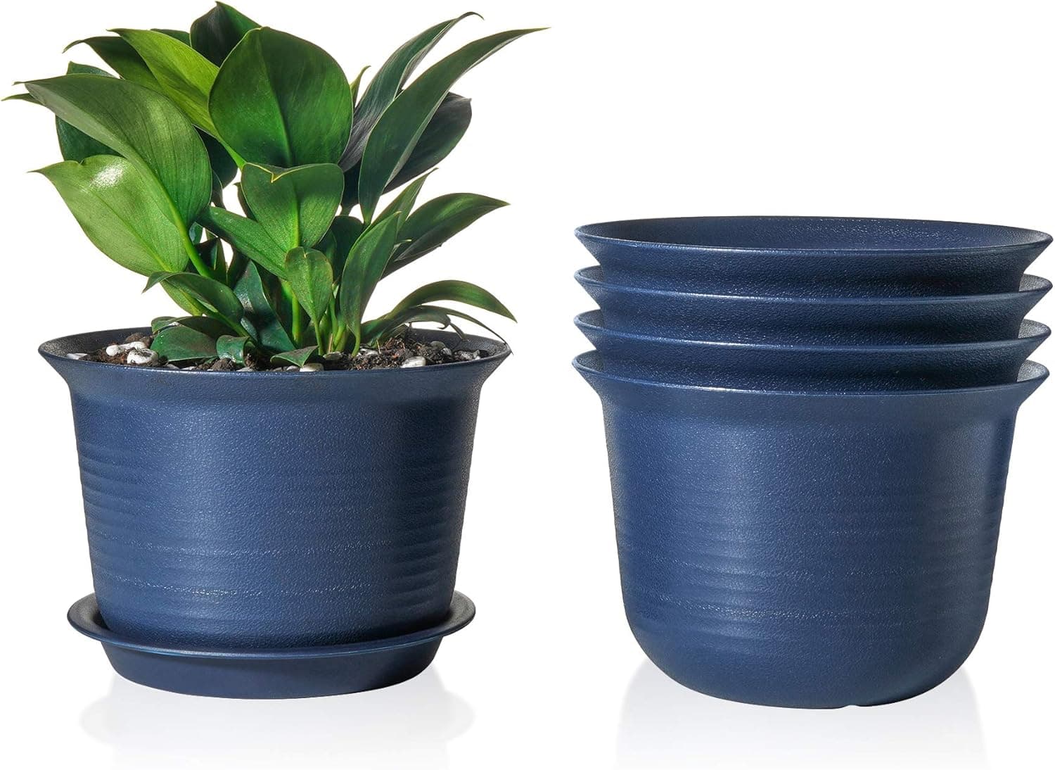 POTEY Plastic Pot 7 Inch Planter with Drainage Hole and Trays Set of 5