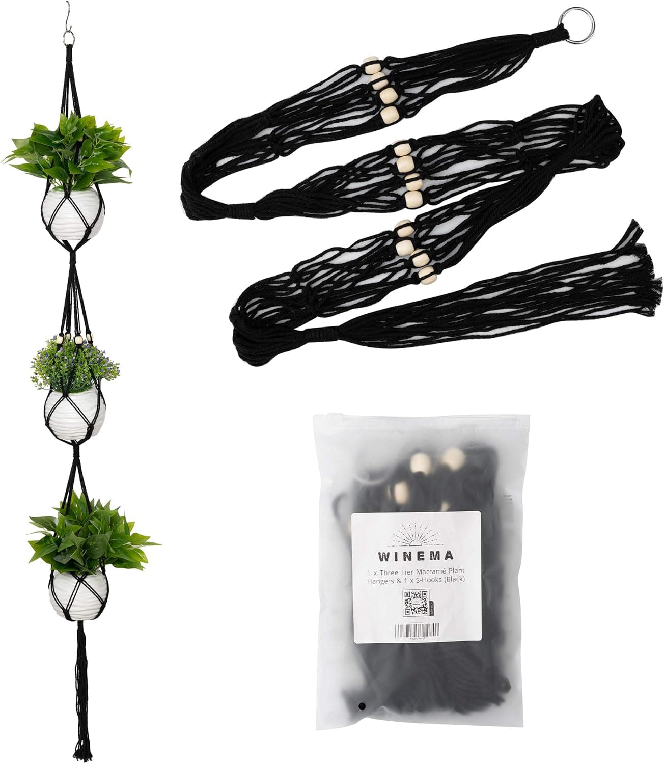 Winema Macrame Plant Hanger Hanging Planter 3 Tier Indoor Outdoor Basket Cotton Rope with Beads, Black