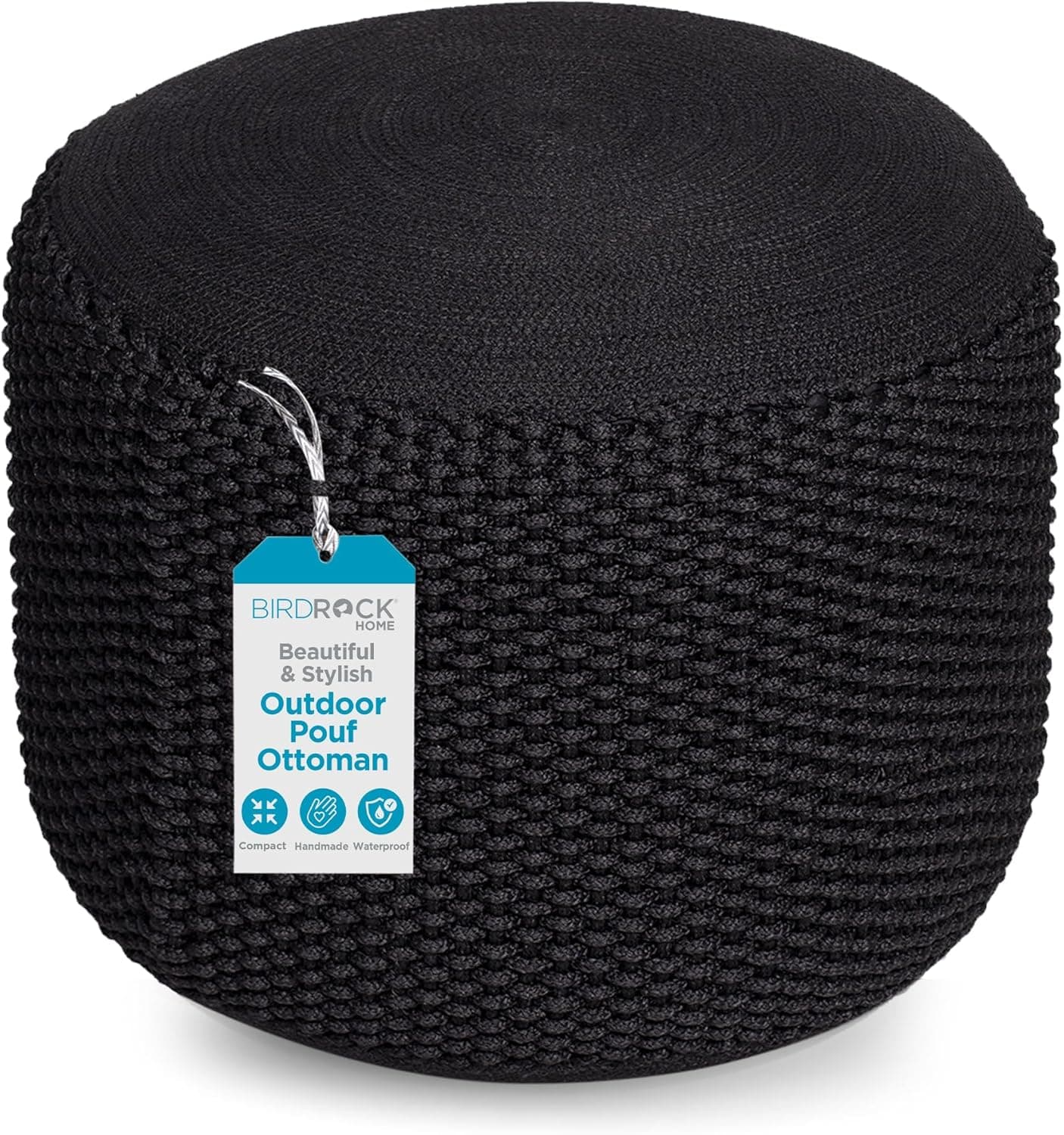 BIRDROCK HOME Outdoor Pouf Ottoman, Hand Woven Waterproof Foot Stool with Bead Bag Filling, Boho Foot Rest for Patio Porch, Black