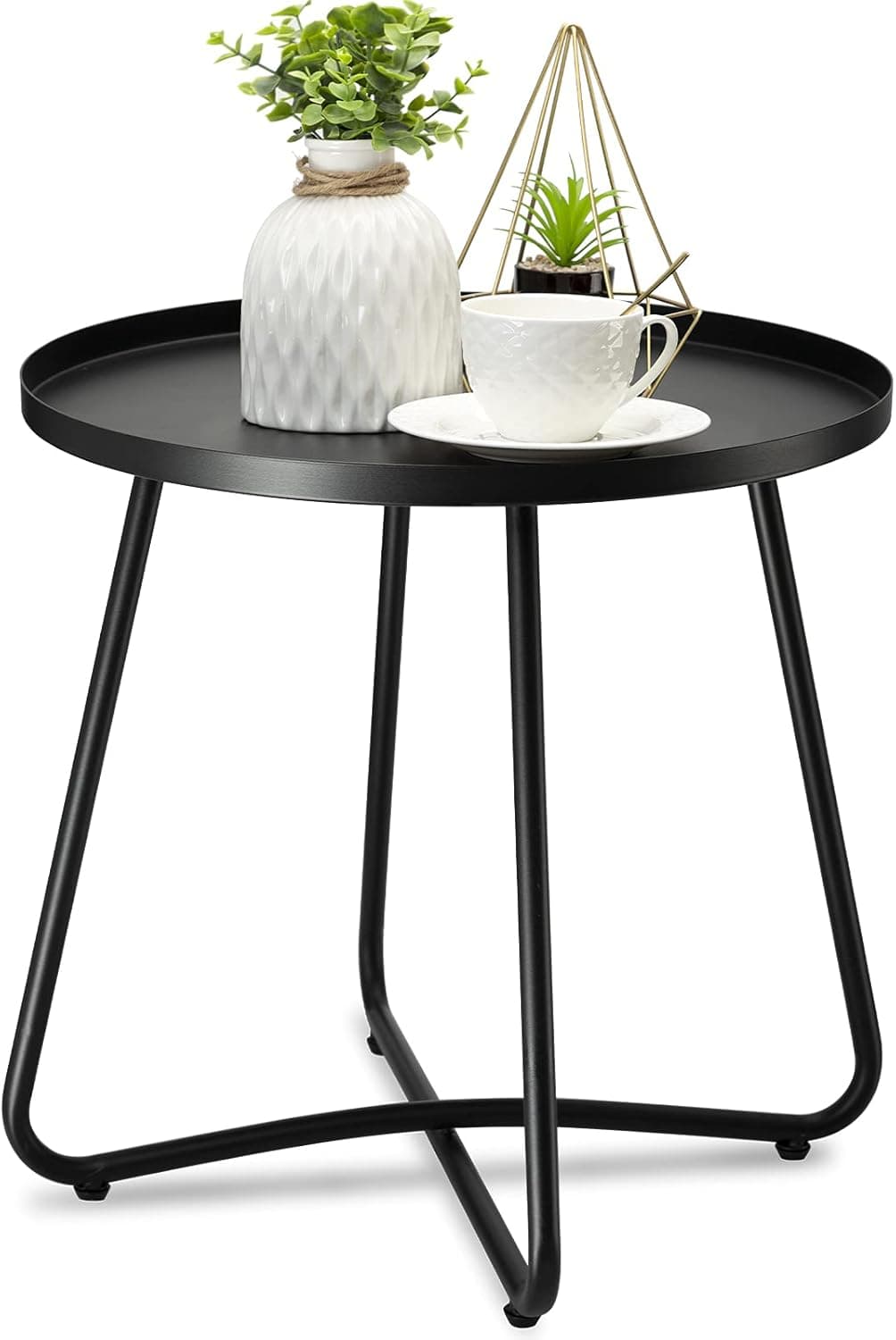 danpinera Outdoor Side Tables, Weather Resistant Steel, Small Round End Table for Patio Yard Balcony Garden Bedside, Black