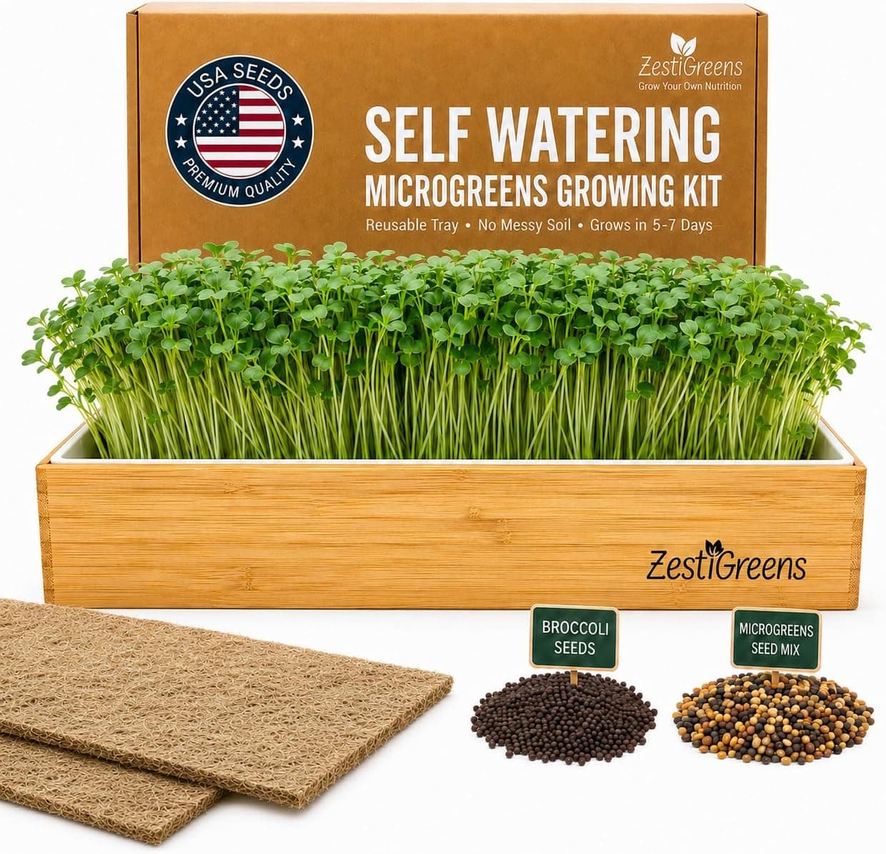 Organic Self-Watering Microgreens Growing Kit, Reusable Indoor Grow Tray with Seeds & Bamboo Frame