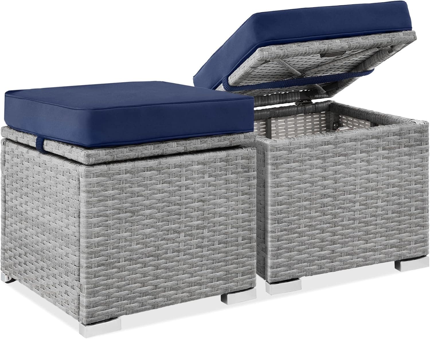 Best Choice Products Set of 2 Wicker Ottomans, Multipurpose Outdoor Furniture, Footrest Side Table w/ Storage, Removable Cushions, Gray/Navy