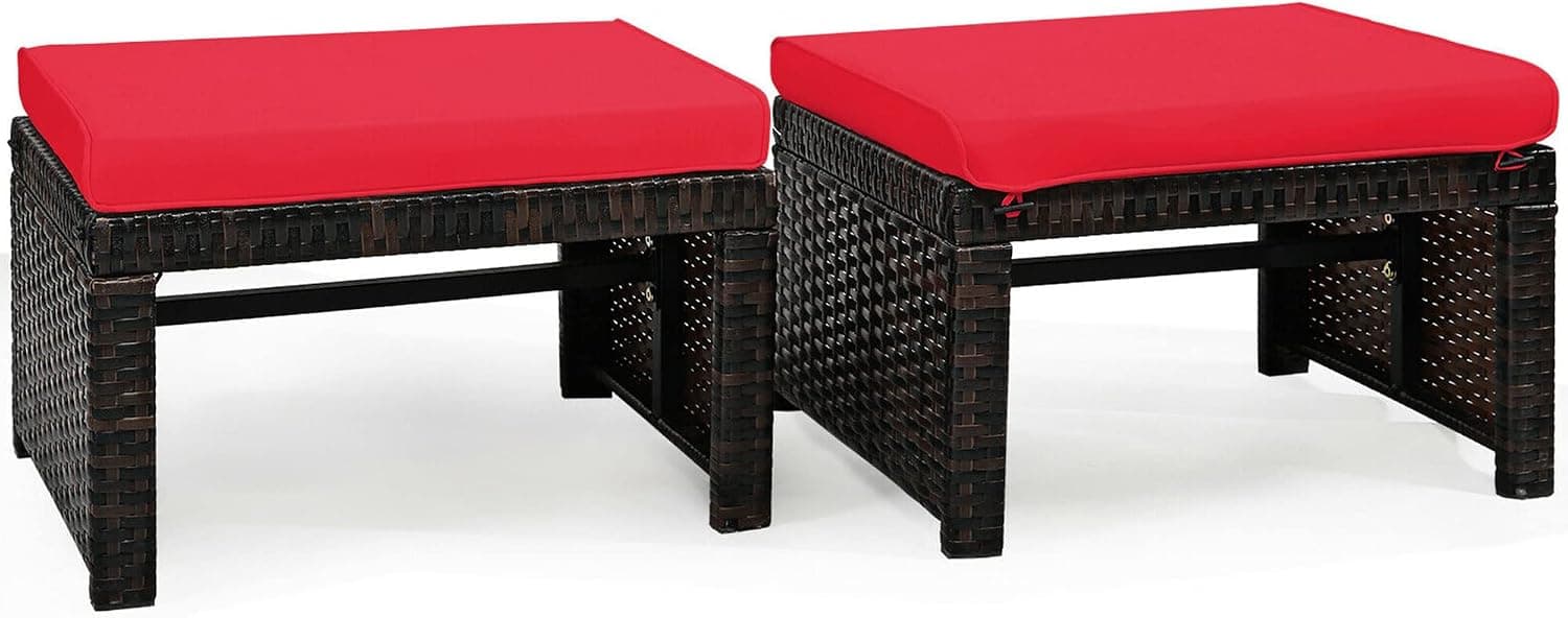 DORTALA 2 Piece Patio Wicker Ottomans, Outdoor Foot Rest with Cushions, PE Rattan Footstool for Patio Garden Poolside, White