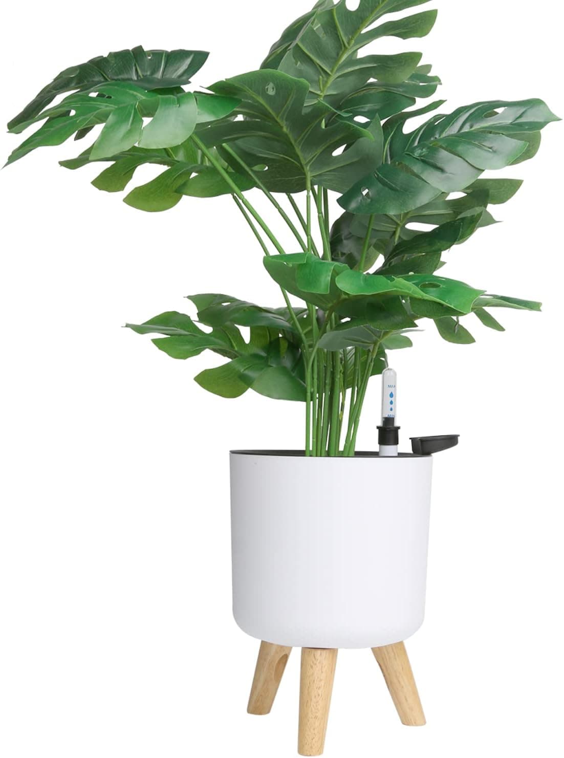 Ovlist 6.5" Self Watering Planters (2 Pack) with Water Indicator, White Modern Flower Pot with Wood Stand