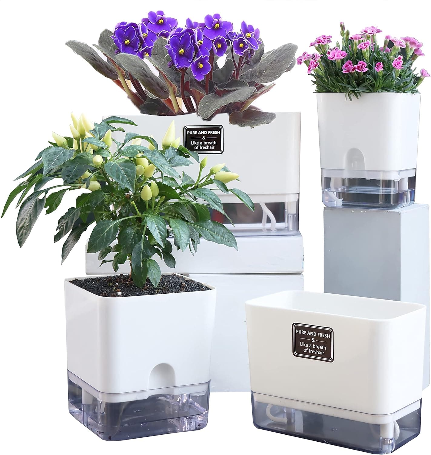 FAMZ Self Watering Pots for Indoor Plants 4 Pack White with Water Reservoir and Cotton Wick System