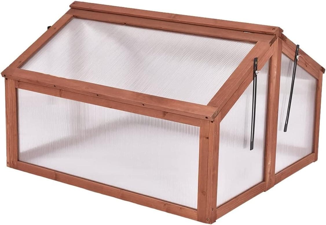 GRAFFY Wooden Garden Cold Frame, Portable Mini Greenhouse Kit with Foldable Top, Raised Plants Bed Protection