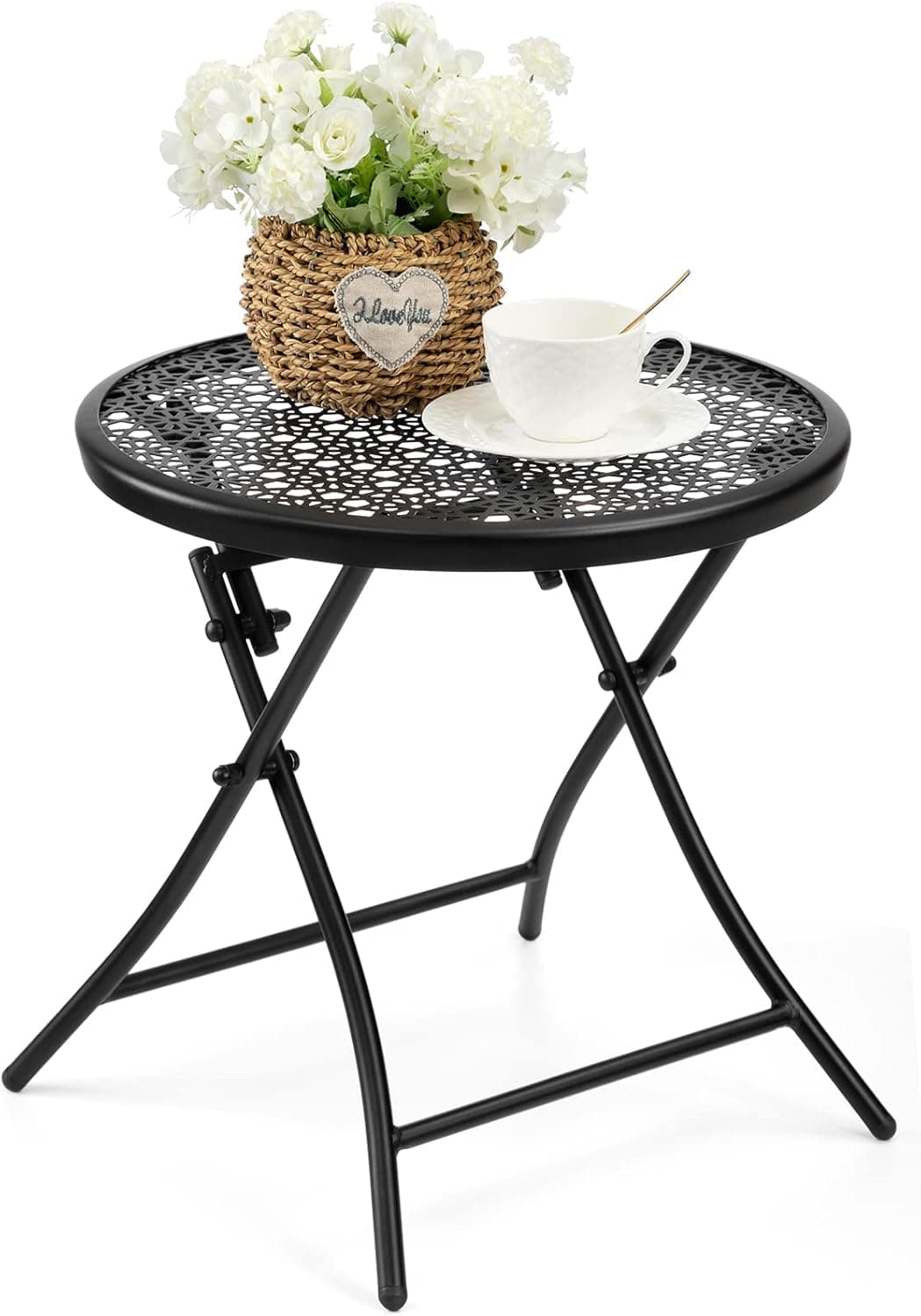 TeoKJ Folding Small Outdoor Side Tables, Anti Rust Small Patio Table Round Metal Nightstand with Flower Cutouts for Porch Balcony Deck, Black