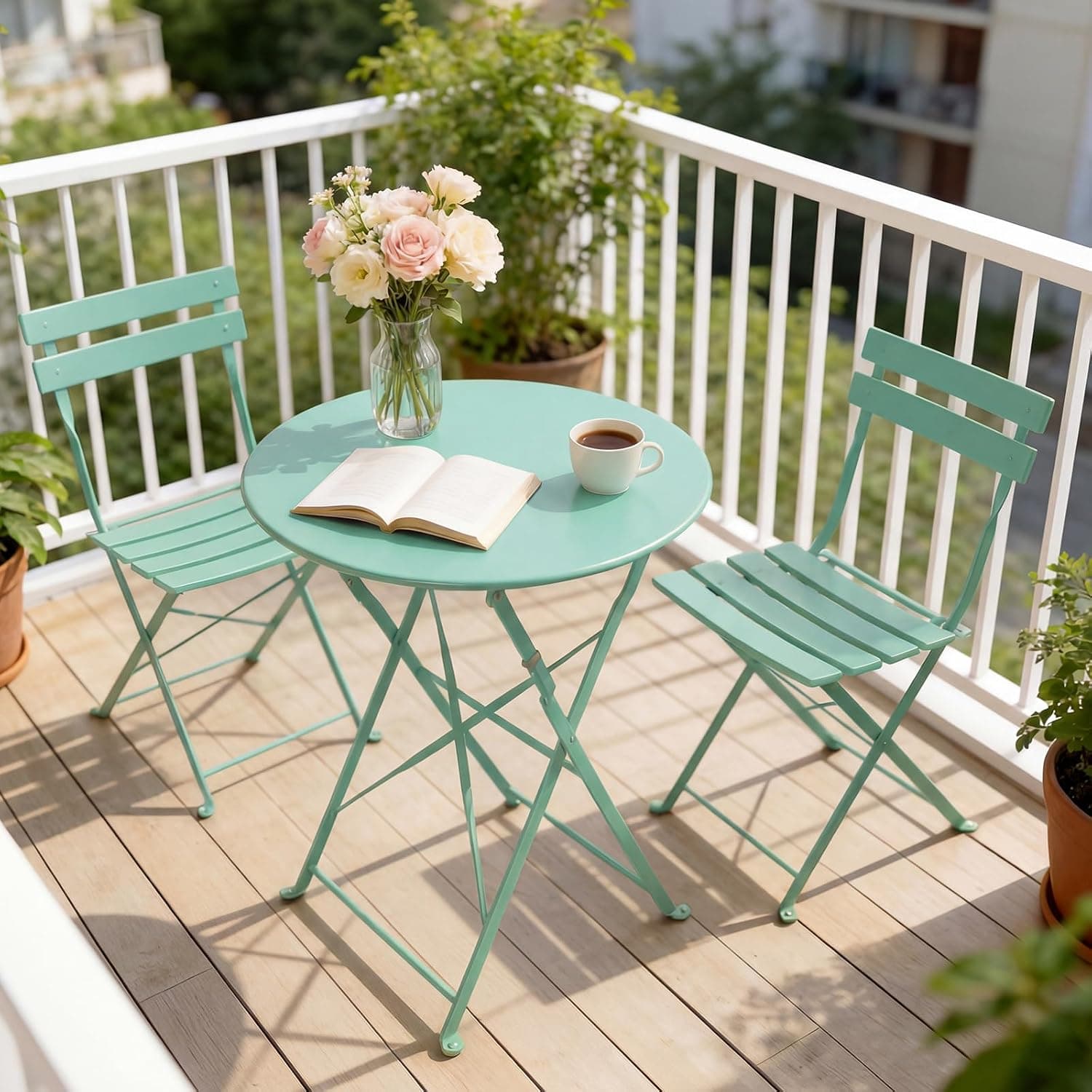 Bistro Set 3 Piece Outdoor Small Patio Set, Folding Steel Frame Table Chairs, Blue