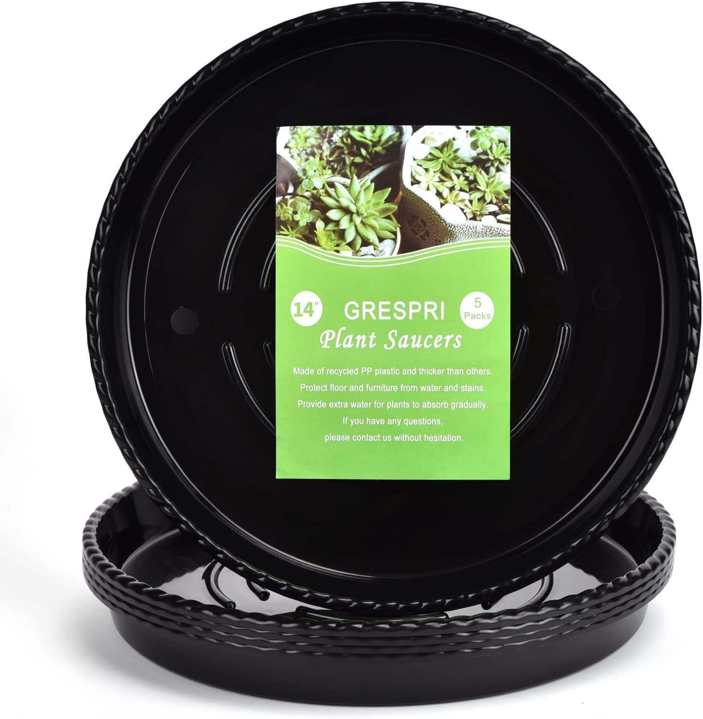 GRESPRI 5-Pack 14" Black Plant Saucers for 5-Gallon Pots, Heavy Duty Ridged Drip Trays with 12.5" Base, Sturdy Plastic Plant Holders Indoor & Outdoor