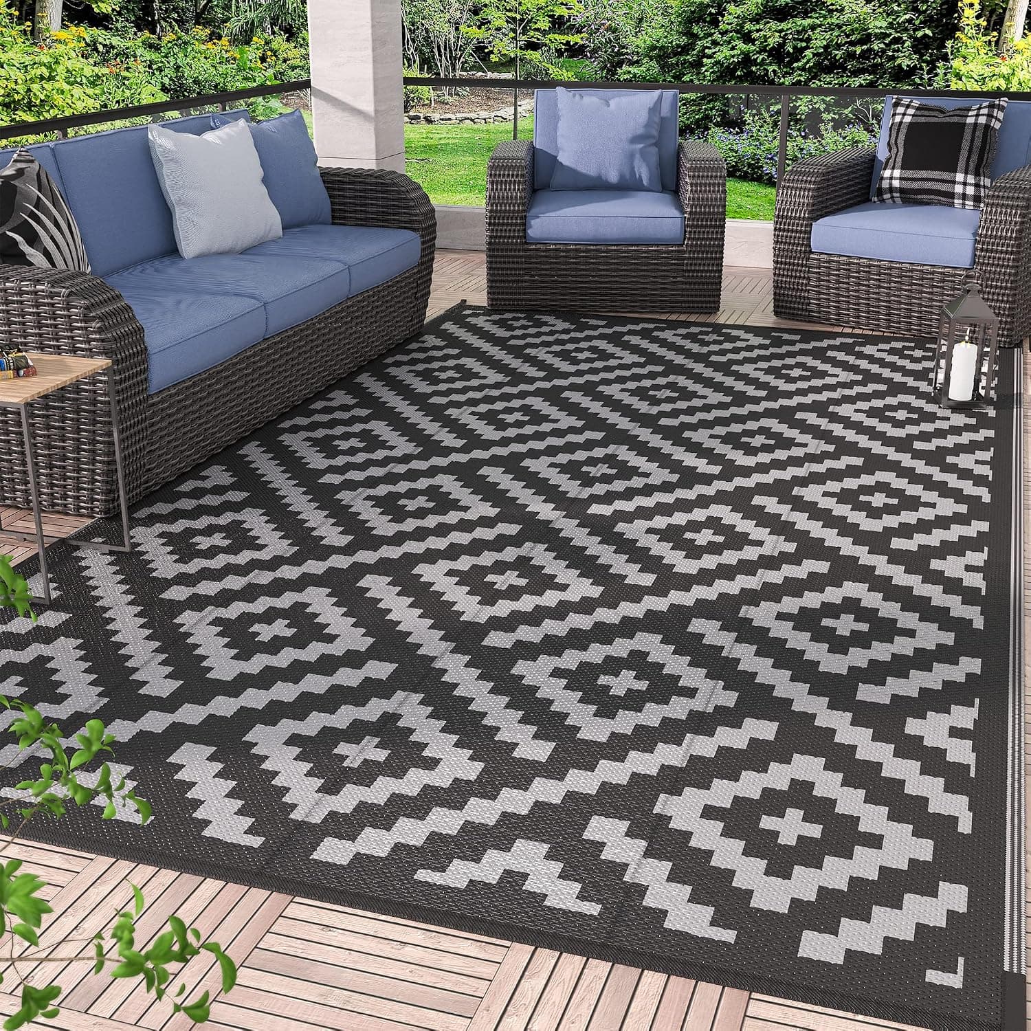 GENIMO Outdoor Rug 5'x8', Waterproof Reversible Plastic Mat, Black & Gray