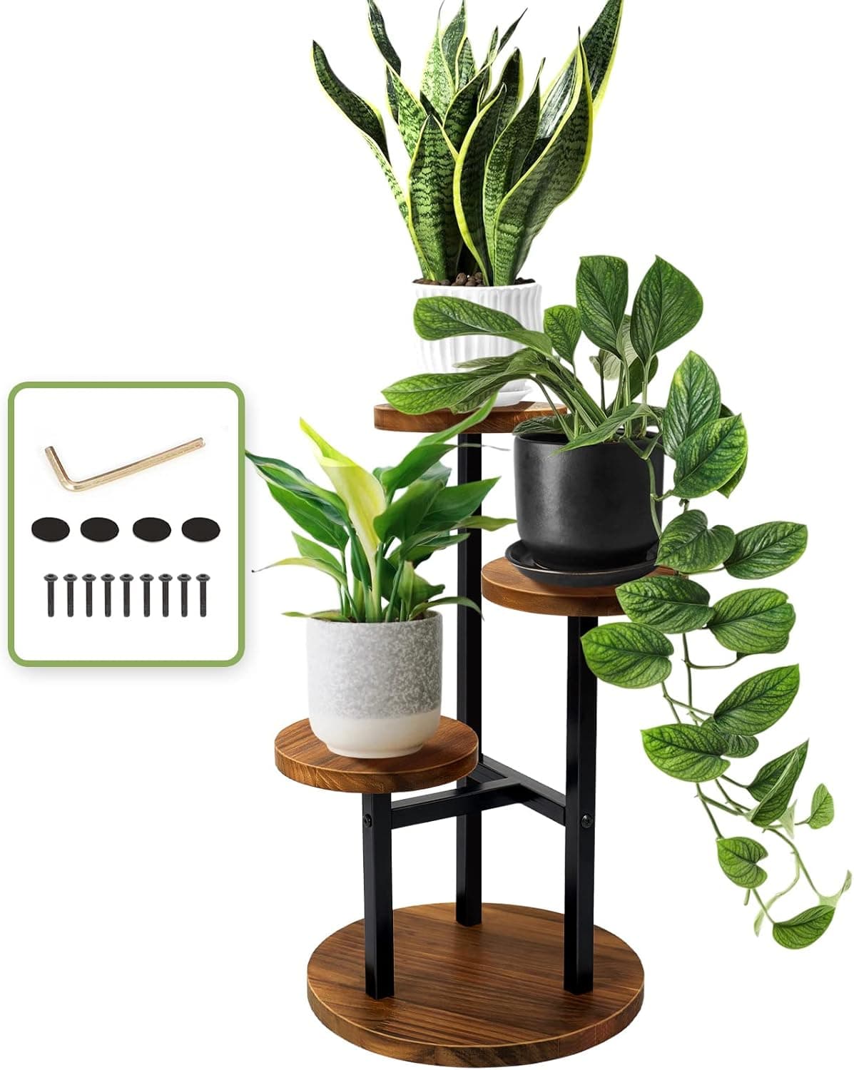 AUGOSTA 3 Tier Plant Stand, Tall Metal Wood Shelf Holder for Indoor Outdoor