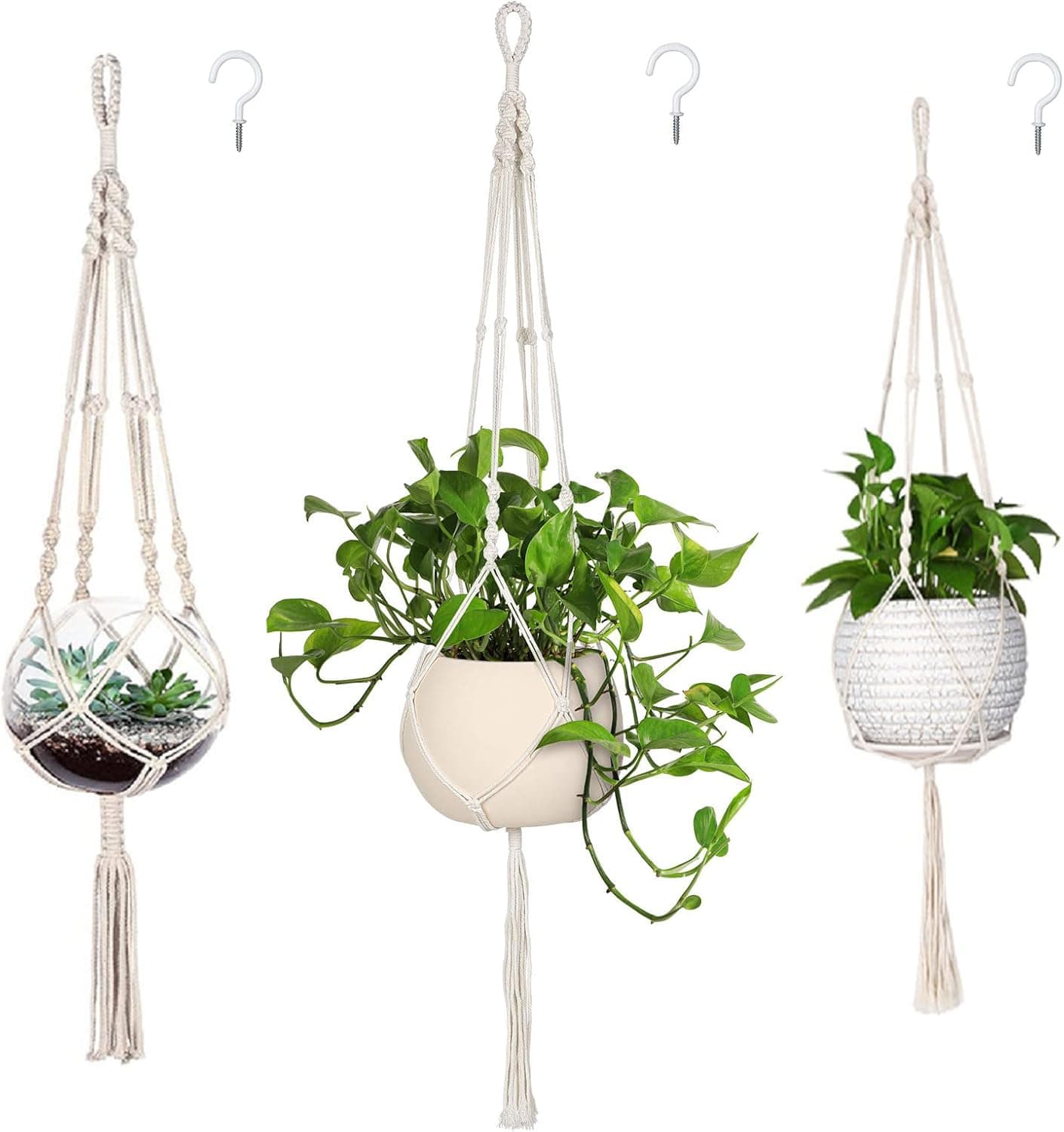 MIPON 3 Pack Macrame Plant Hangers, 3 Sizes (34"/41"/46") Handmade Cotton with Hooks, Fits 5-10 Inch Pots