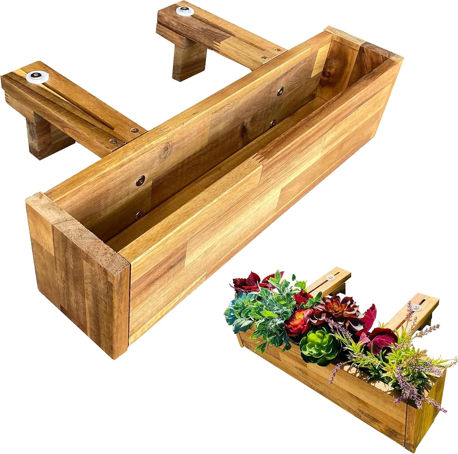 Patio Wise Acacia Wood Railing Planter Box, 20-Inch Outdoor Hanging Flower Herb Box, Teak Color
