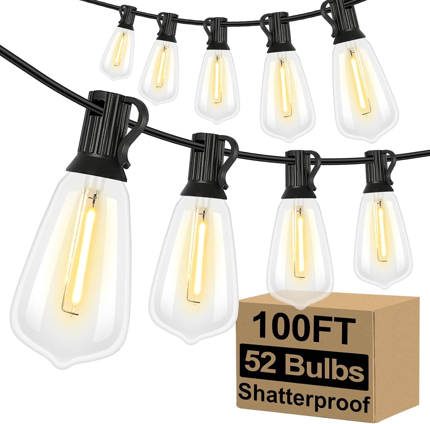 Brightever 100FT LED Outdoor String Lights, 52 ST38 Edison Bulbs, 2700K Dimmable