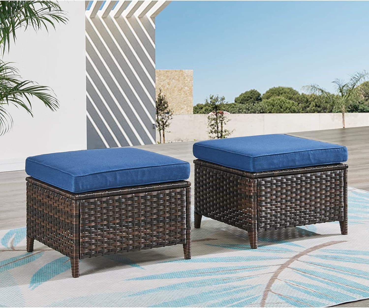 HUMMUH Outdoor Ottomans for Patio Set of 2 PE Wicker Steel Frame Outdoor Footstool, Side Tables with Removable Weather-Resistant Cushions
