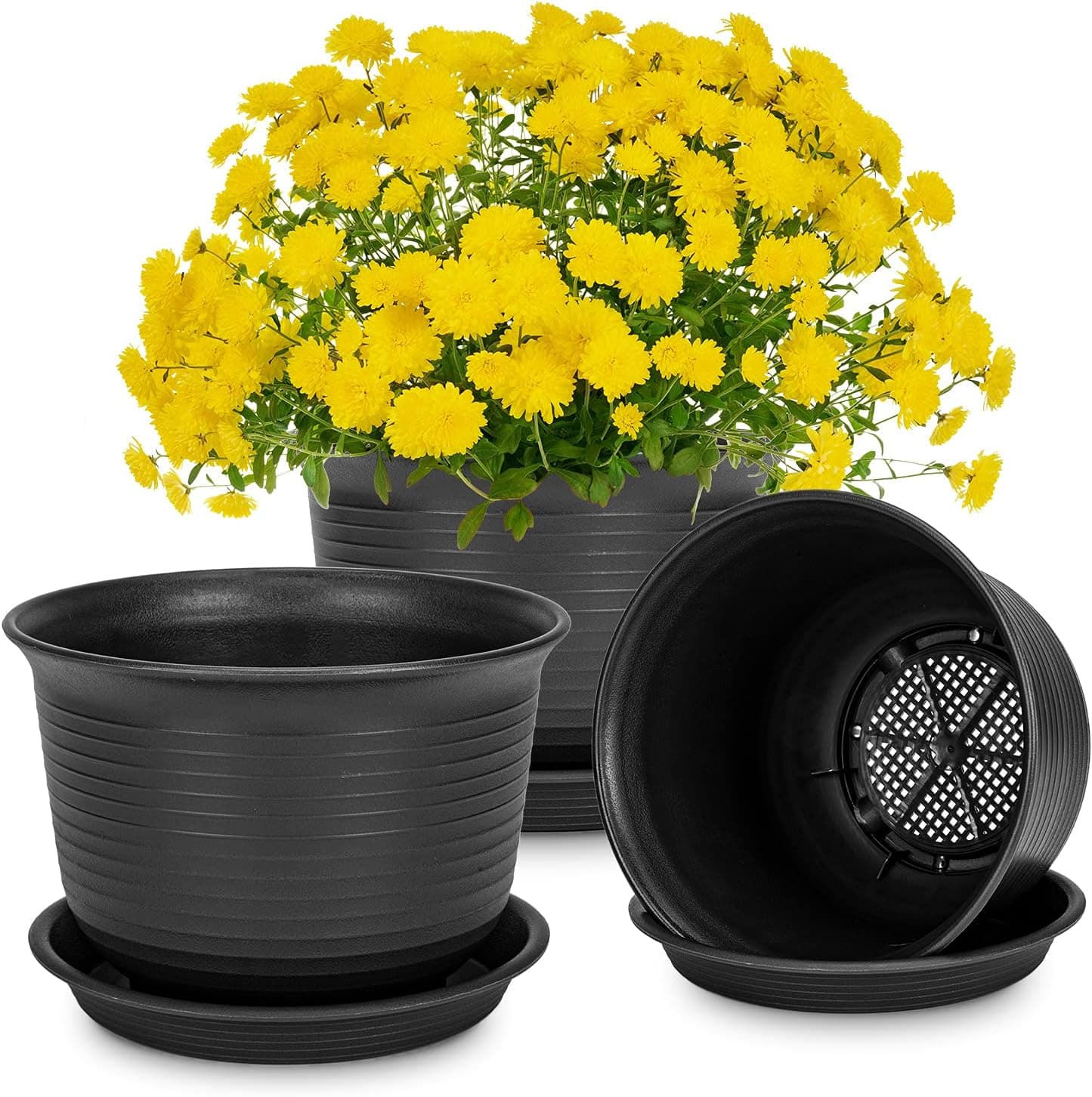 9 10 12 Inch Plastic Plant Pots Set of 3 with Drainage Holes and Tray