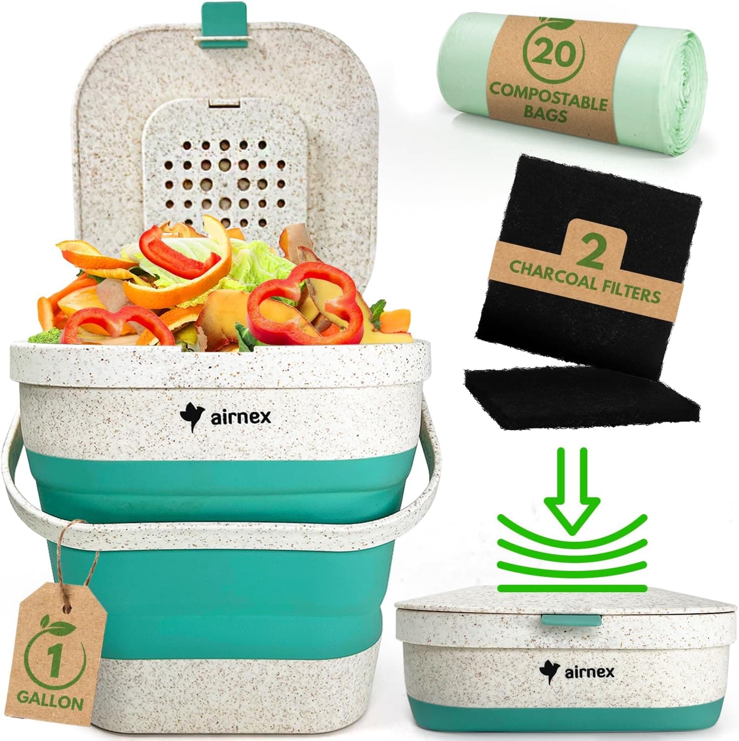 AIRNEX Collapsible 1 Gallon Wheat Straw Compost Bin with Bags & Filters