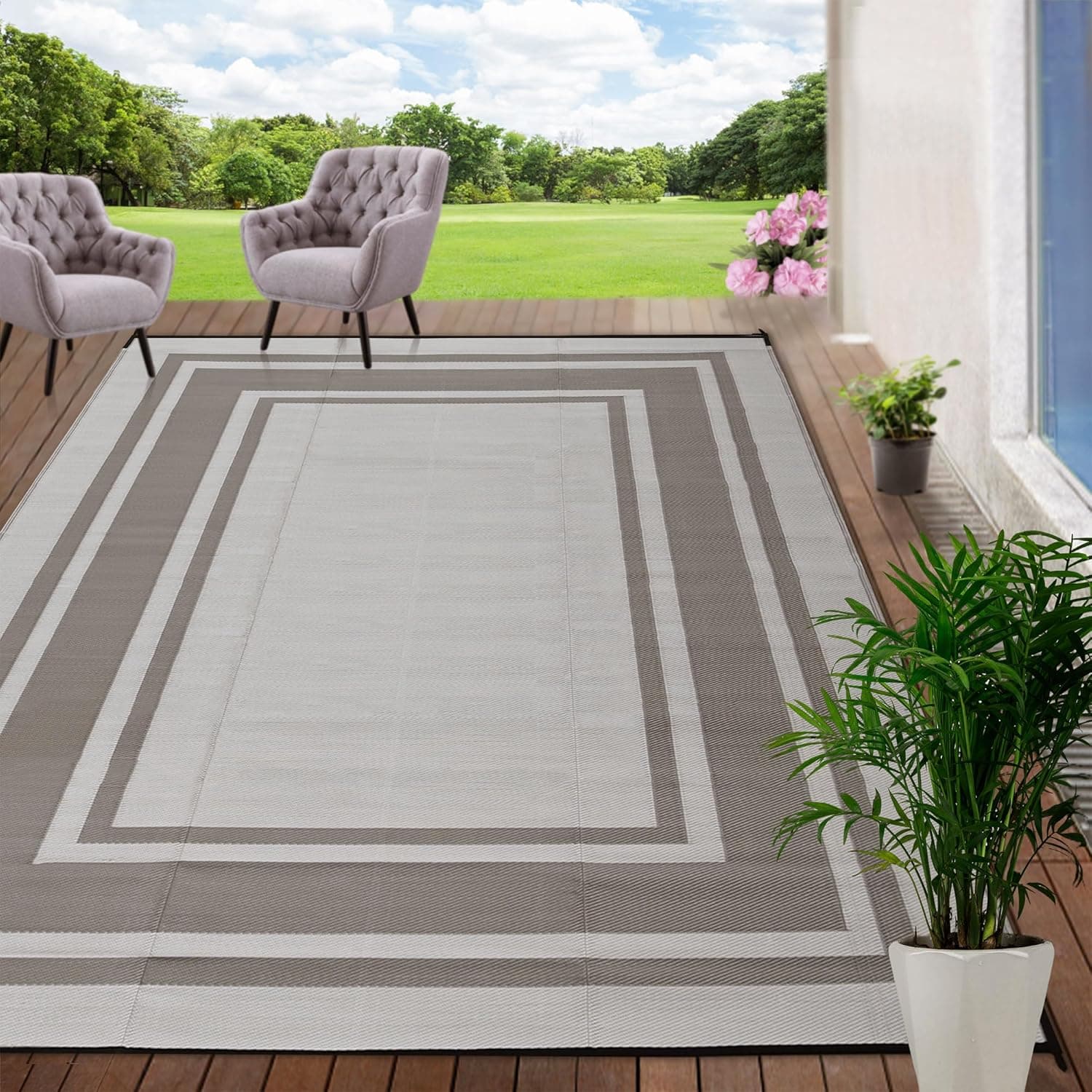 RURALITY Outdoor Rug 8'x10' Waterproof, Reversible Geometric Plastic Straw